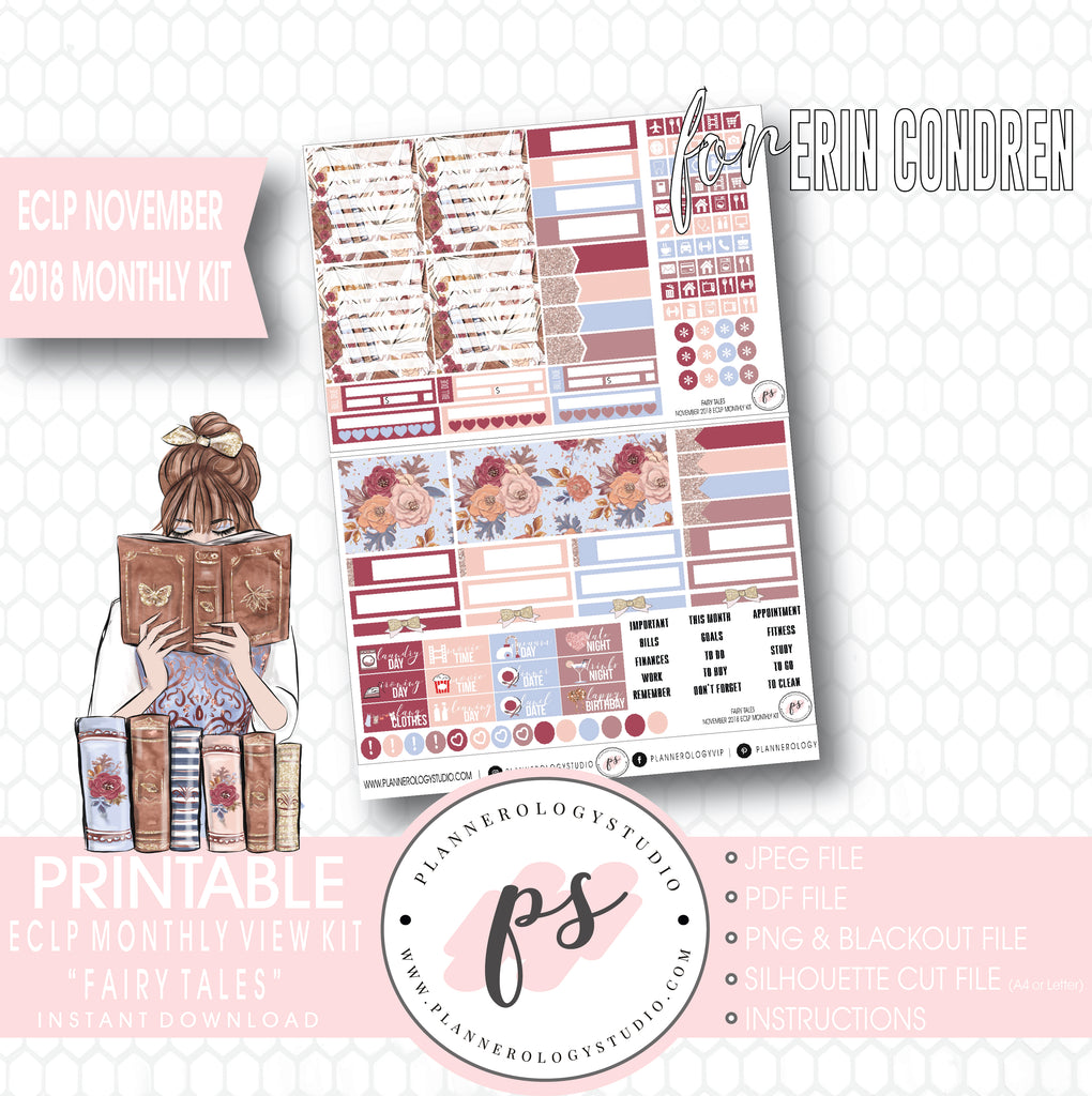 Fairy Tales November Monthly View Kit Digital Printable Planner Stickers (for use with Erin Condren) (Undated and Monday Start) - Plannerologystudio