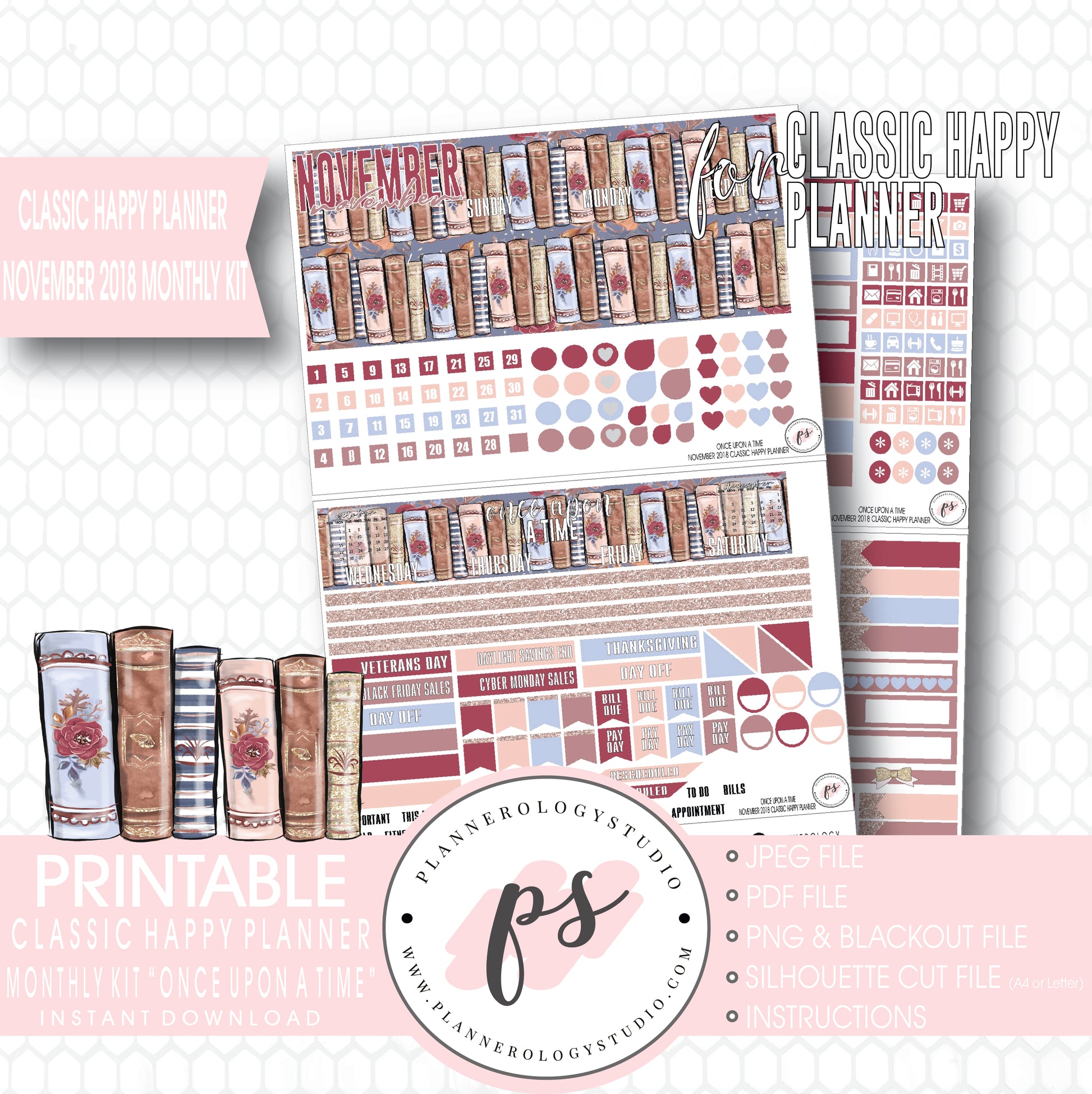 Once Upon a Time November 2018 Monthly View Kit Digital Printable Planner Stickers (for use with Classic Happy Planner) - Plannerologystudio