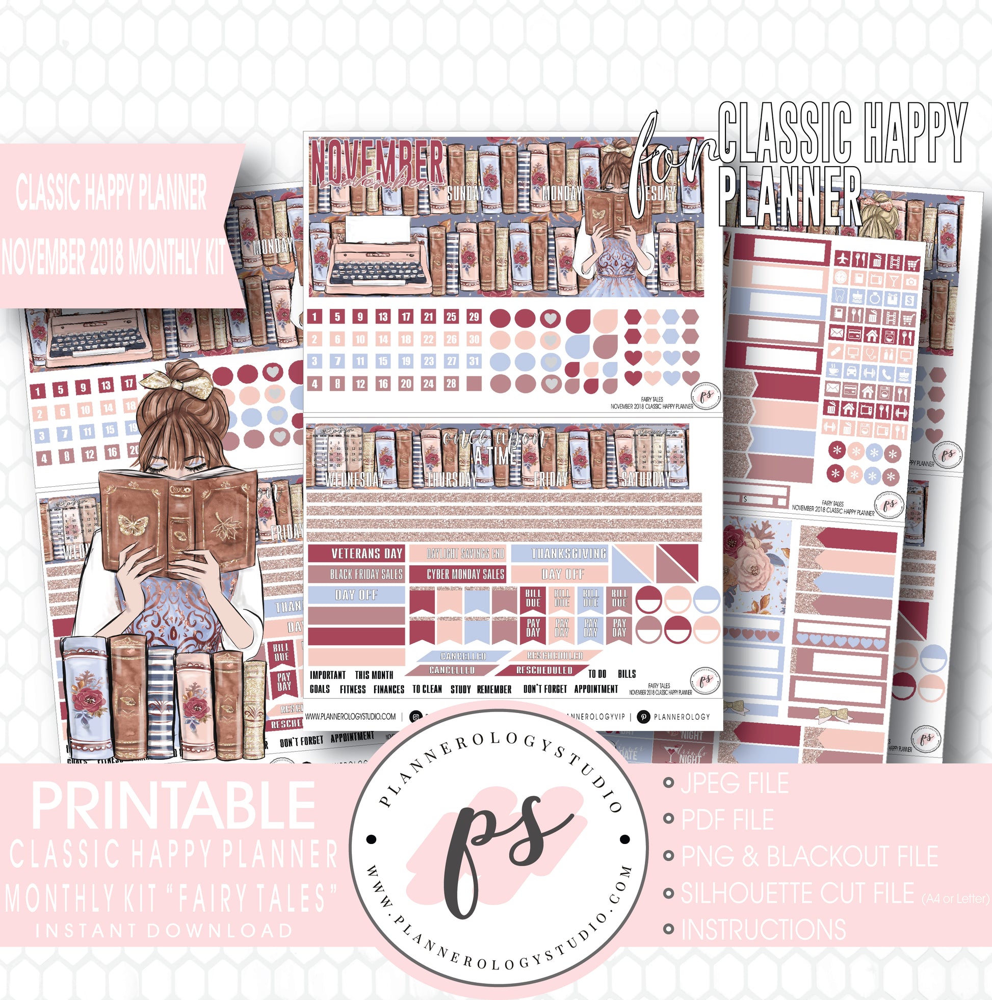 Fairy Tales November 2018 Monthly View Kit Digital Printable Planner Stickers (for use with Classic Happy Planner) - Plannerologystudio