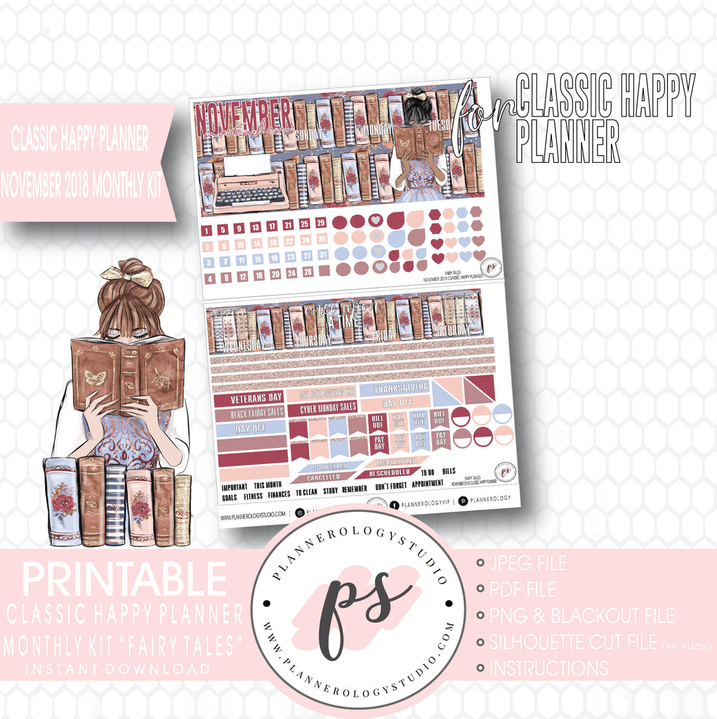 Fairy Tales November 2018 Monthly View Kit Digital Printable Planner Stickers (for use with Classic Happy Planner) - Plannerologystudio