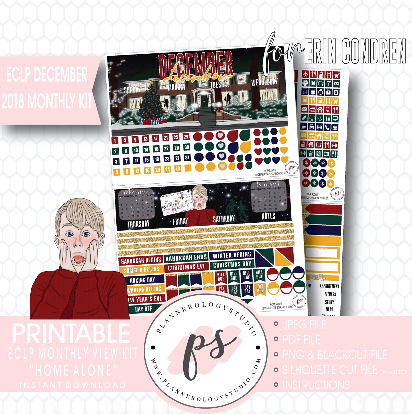 Home Alone Christmas December 2018 Monthly View Kit Digital Printable Planner Stickers (for use with Erin Condren) - Plannerologystudio