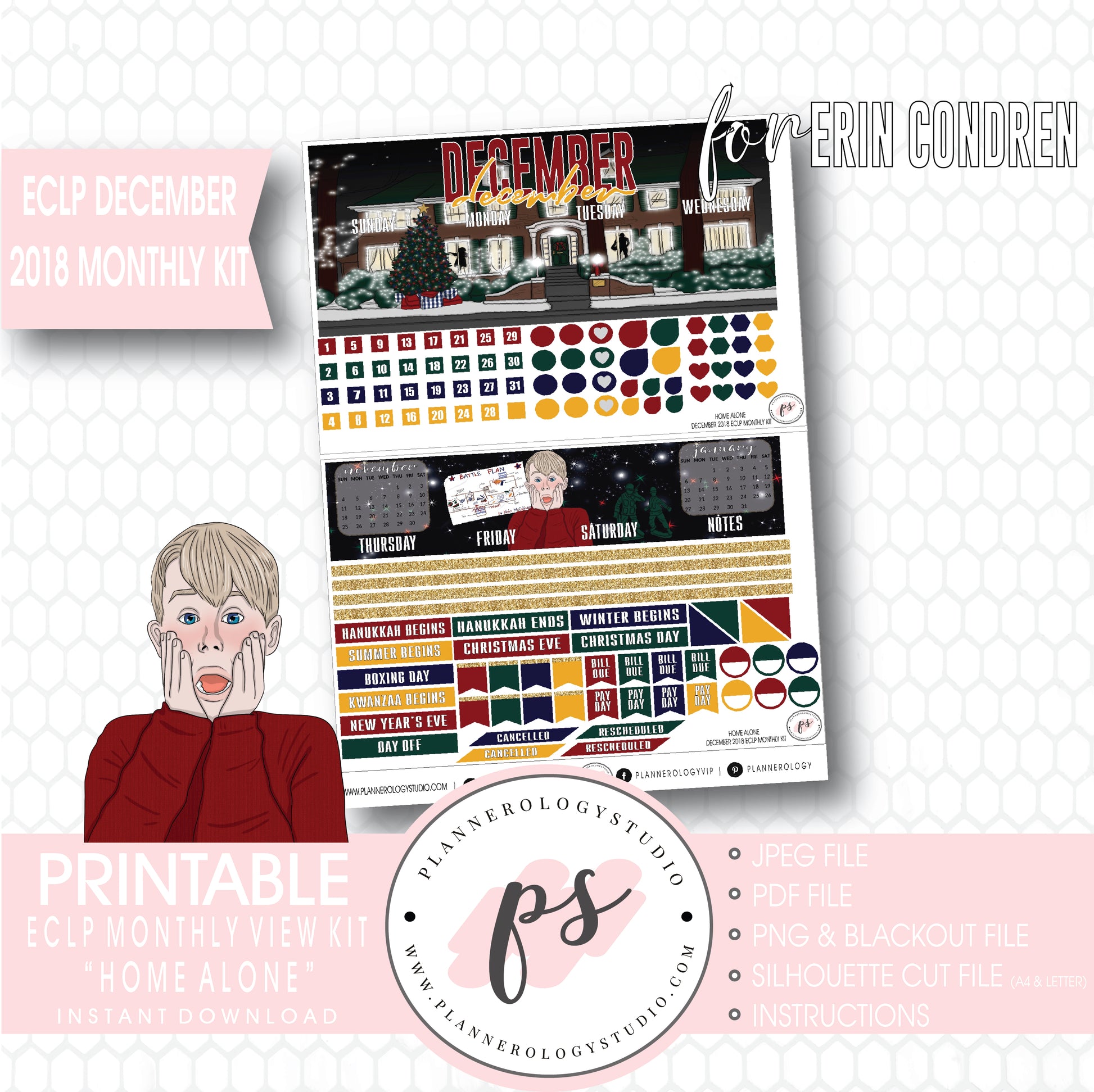 Home Alone Christmas December 2018 Monthly View Kit Digital Printable Planner Stickers (for use with Erin Condren) - Plannerologystudio