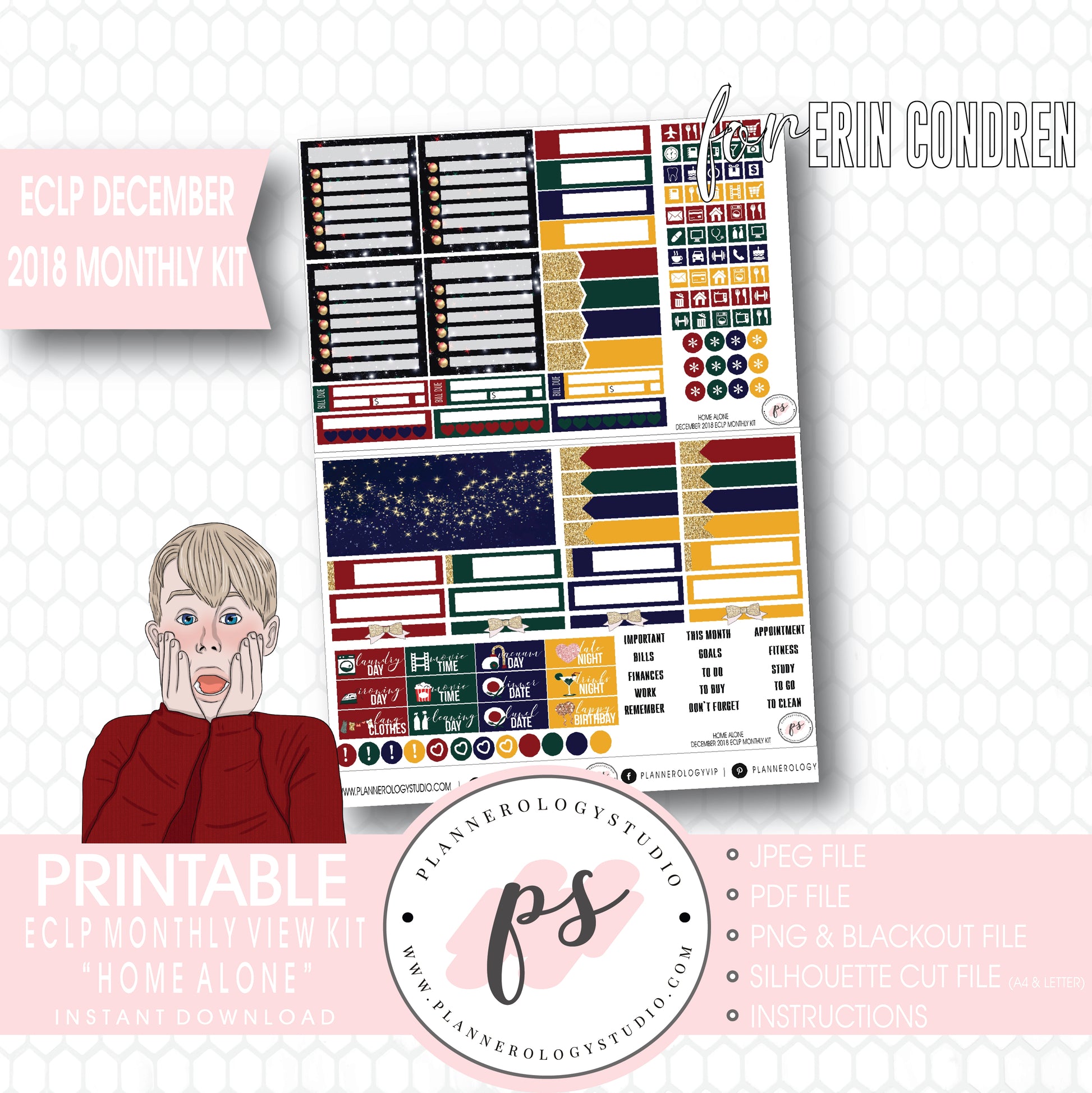 Home Alone Christmas December 2018 Monthly View Kit Digital Printable Planner Stickers (for use with Erin Condren) - Plannerologystudio