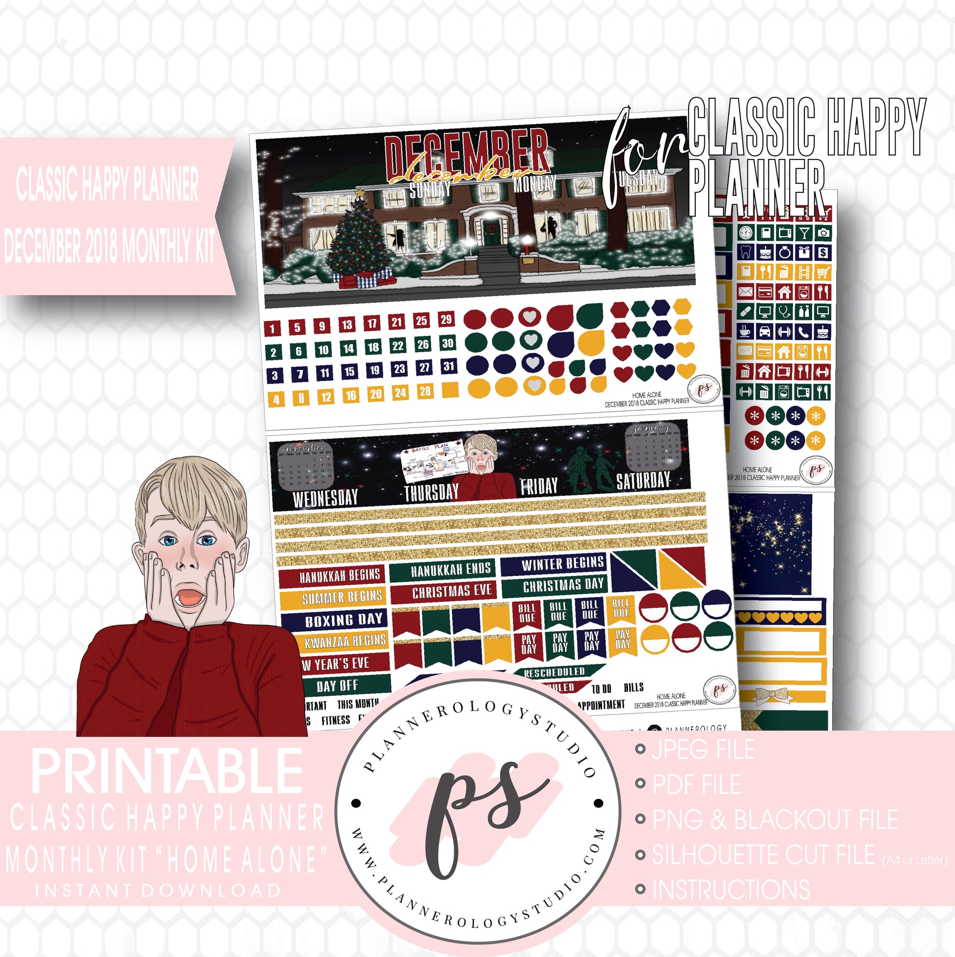 Home Alone Christmas December 2018 Monthly View Kit Digital Printable Planner Stickers (for use with Classic Happy Planner) - Plannerologystudio