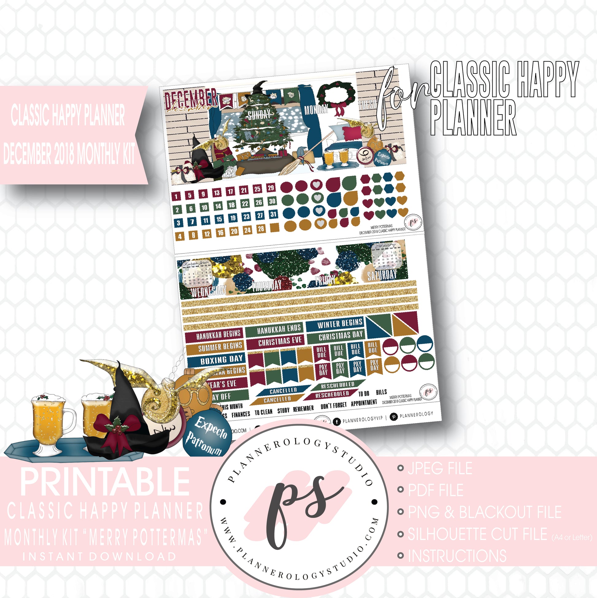 Merry Pottermas (Harry Potter) Christmas December 2018 Monthly View Kit Digital Printable Planner Stickers (for use with Classic Happy Planner) - Plannerologystudio