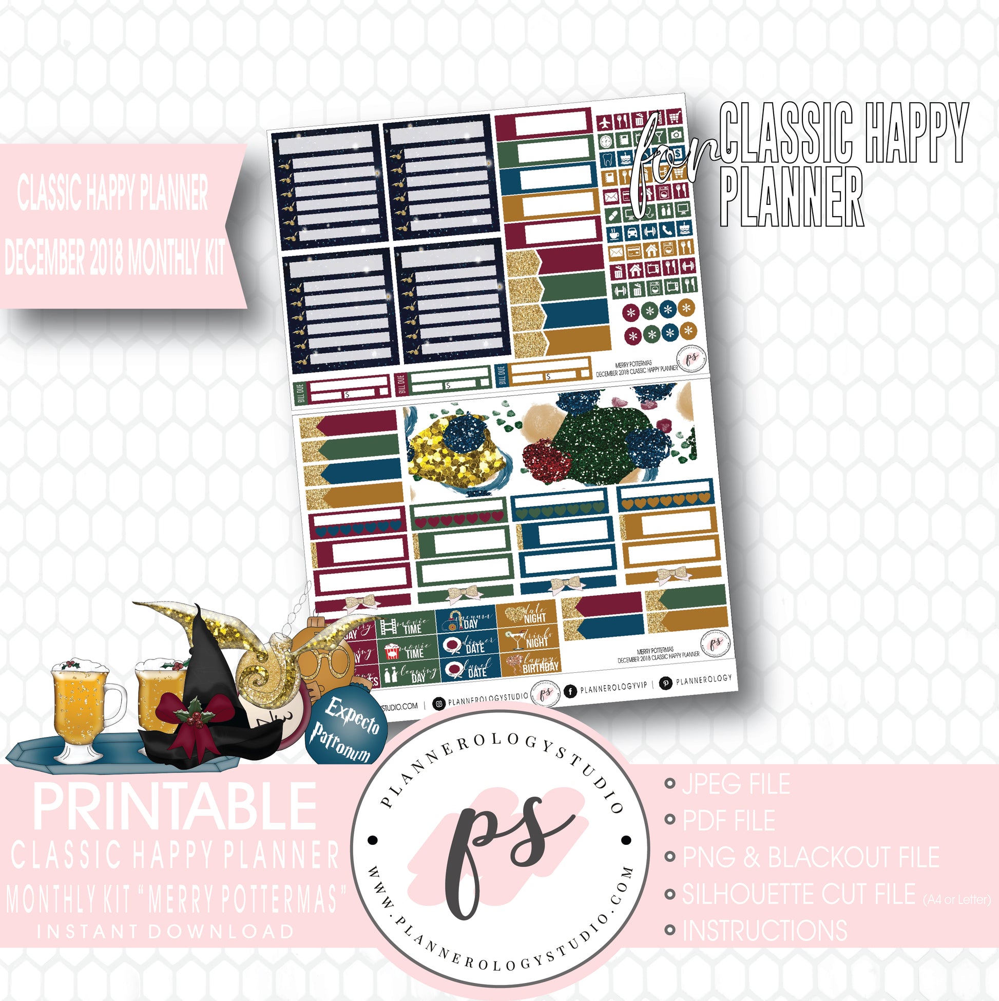 Merry Pottermas (Harry Potter) Christmas December 2018 Monthly View Kit Digital Printable Planner Stickers (for use with Classic Happy Planner) - Plannerologystudio