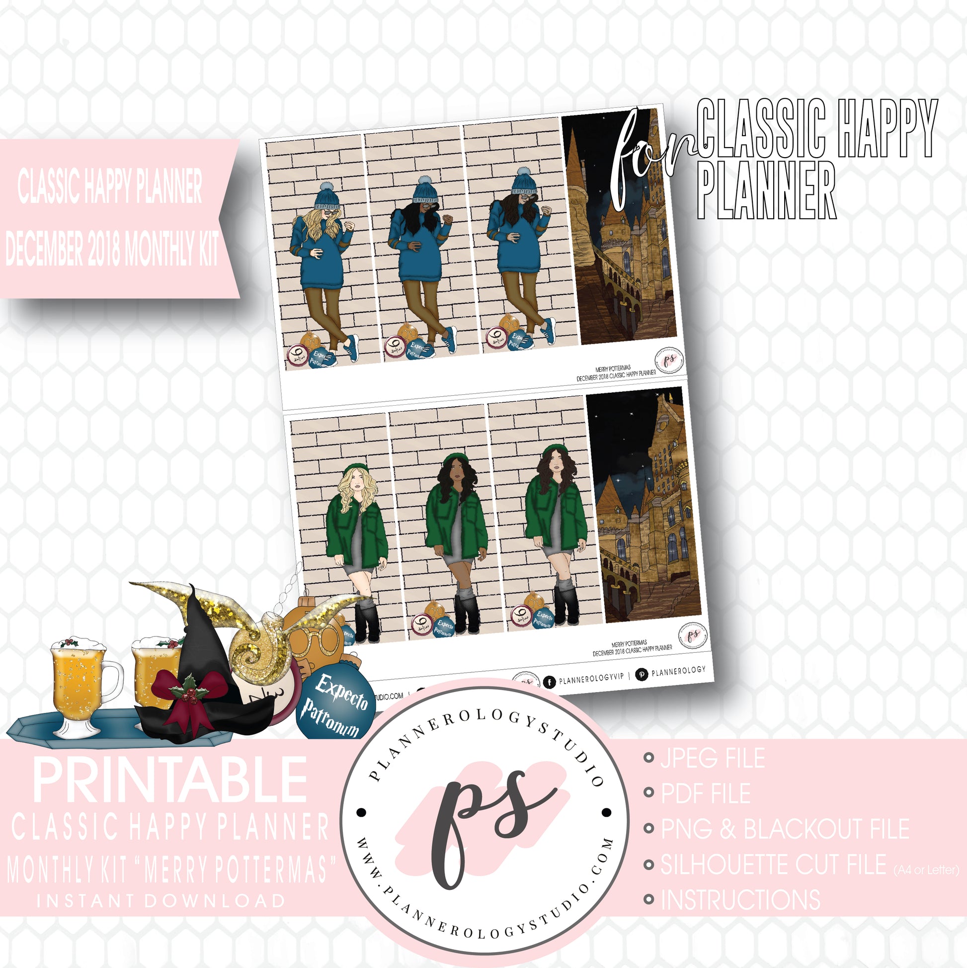 Merry Pottermas (Harry Potter) Christmas December 2018 Monthly View Kit Digital Printable Planner Stickers (for use with Classic Happy Planner) - Plannerologystudio