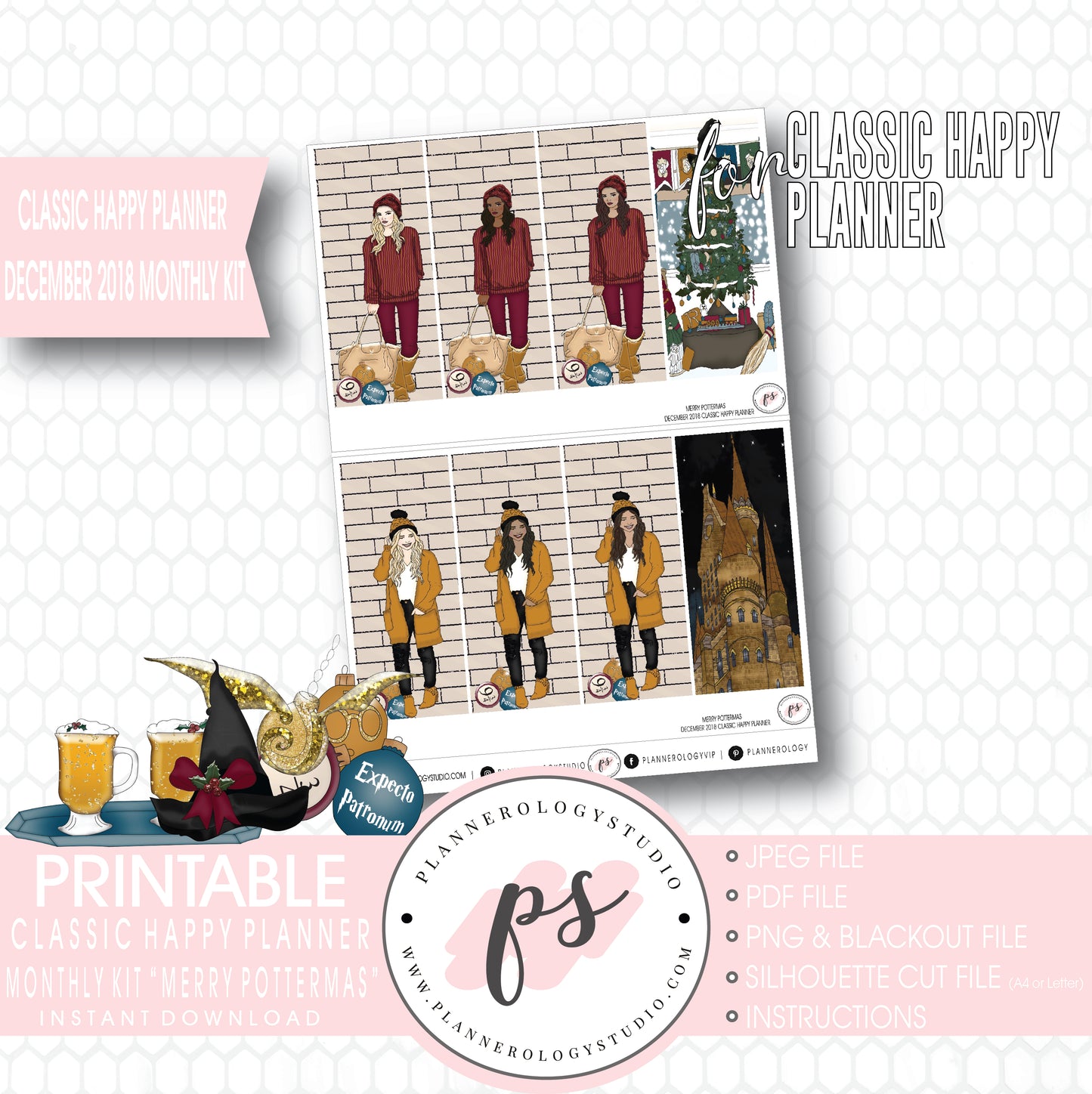 Merry Pottermas (Harry Potter) Christmas December 2018 Monthly View Kit Digital Printable Planner Stickers (for use with Classic Happy Planner) - Plannerologystudio