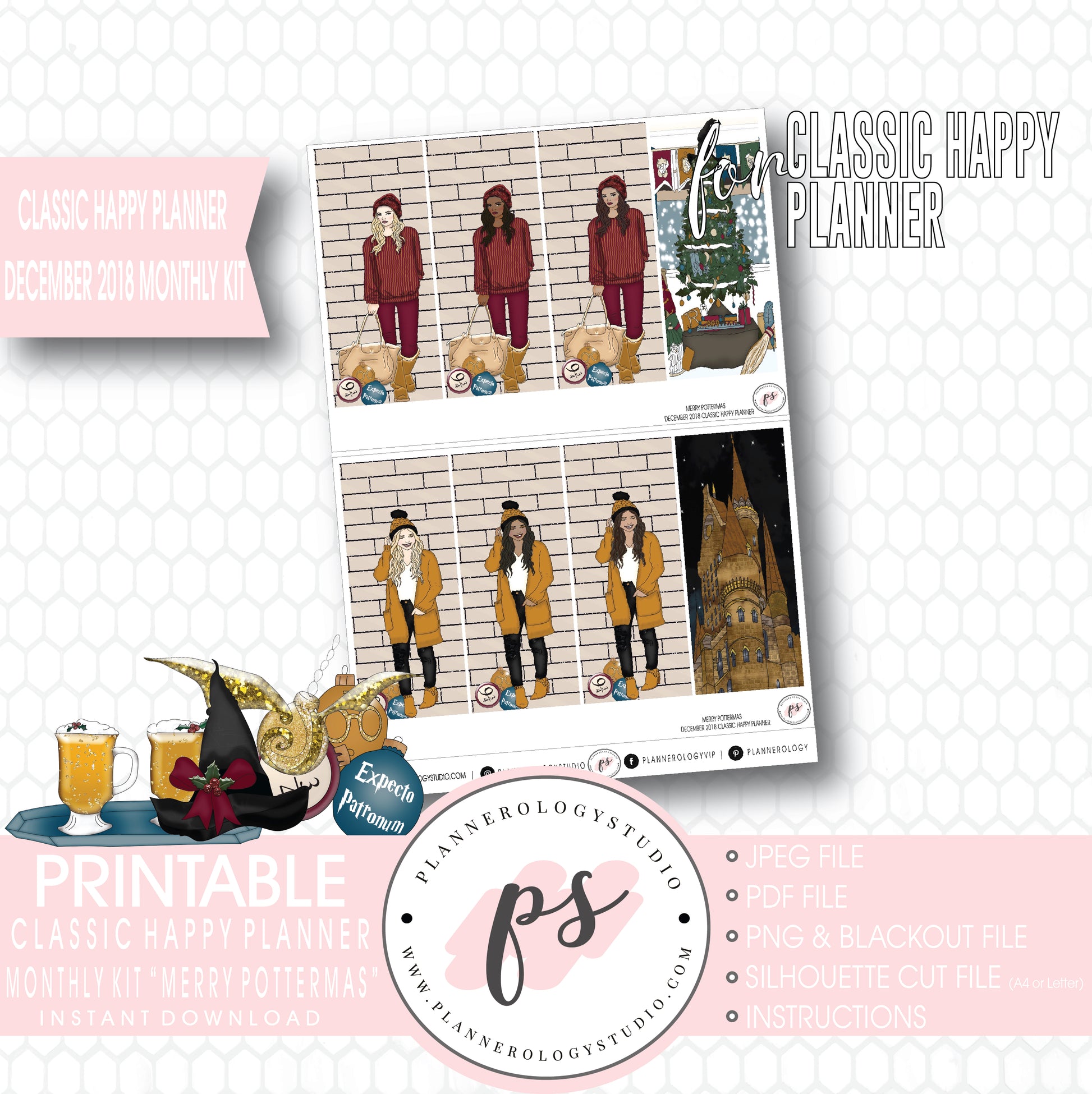 Merry Pottermas (Harry Potter) Christmas December 2018 Monthly View Kit Digital Printable Planner Stickers (for use with Classic Happy Planner) - Plannerologystudio