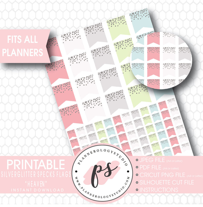 "Heaven" Silver Glitter Specks Flags Printable Planner Stickers - Plannerologystudio