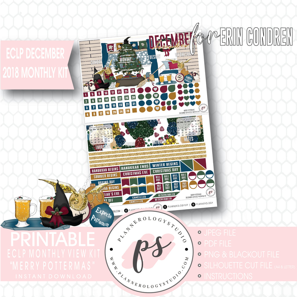 Merry Pottermas (Harry Potter) Christmas December 2018 Monthly View Kit Digital Printable Planner Stickers (for use with Erin Condren) - Plannerologystudio