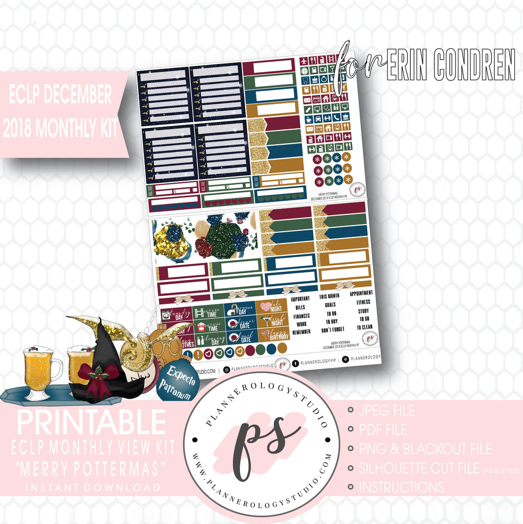 Merry Pottermas (Harry Potter) Christmas December 2018 Monthly View Kit Digital Printable Planner Stickers (for use with Erin Condren) - Plannerologystudio