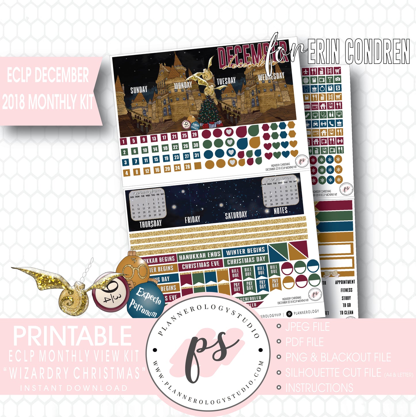 Wizardry Christmas (Harry Potter) Christmas December 2018 Monthly View Kit Digital Printable Planner Stickers (for use with Erin Condren) - Plannerologystudio