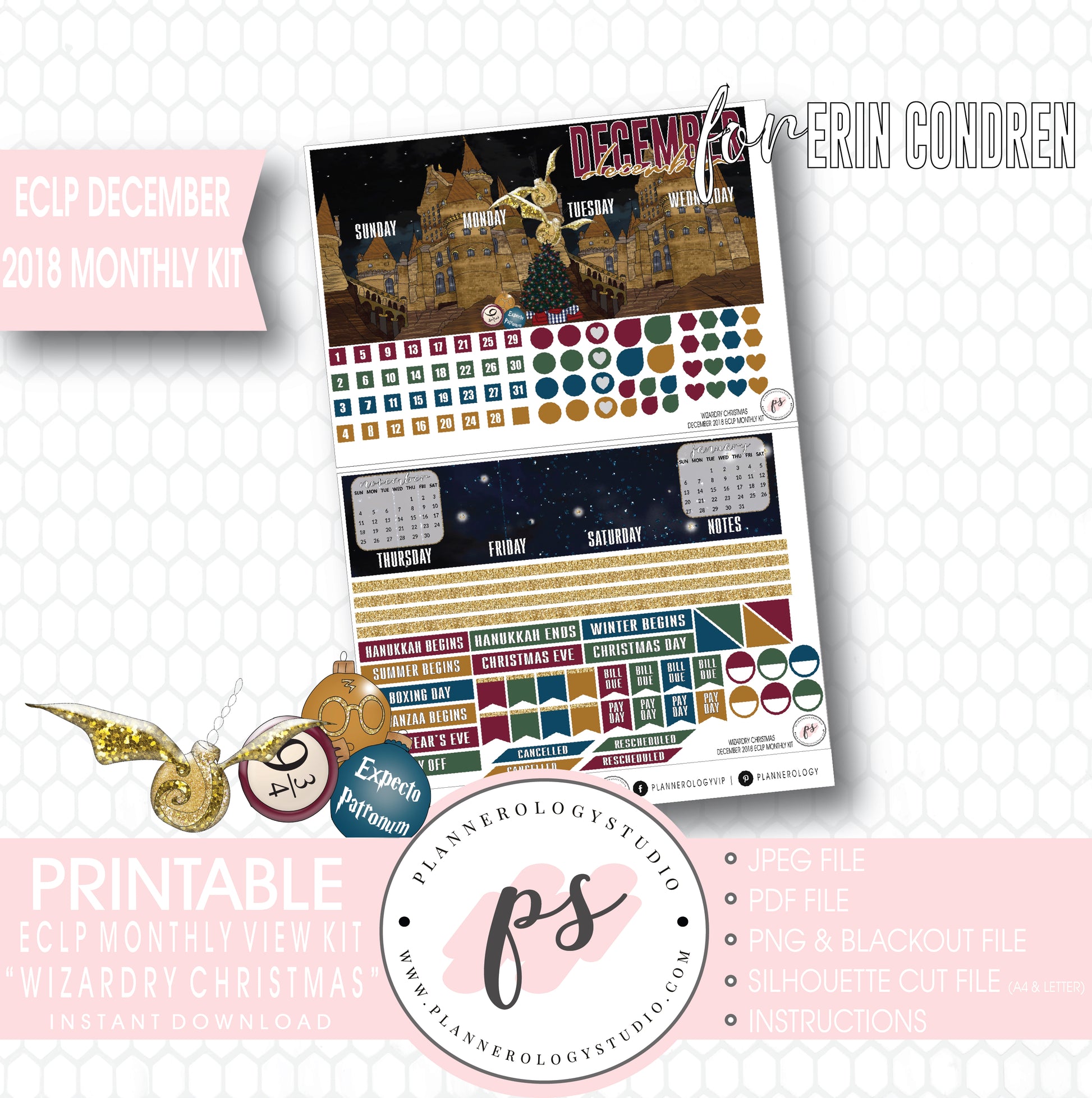 Wizardry Christmas (Harry Potter) Christmas December 2018 Monthly View Kit Digital Printable Planner Stickers (for use with Erin Condren) - Plannerologystudio