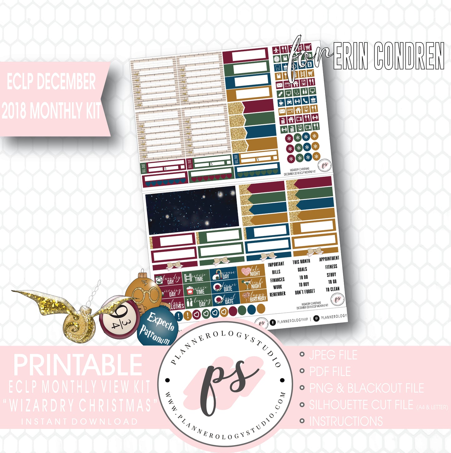 Wizardry Christmas (Harry Potter) Christmas December 2018 Monthly View Kit Digital Printable Planner Stickers (for use with Erin Condren) - Plannerologystudio