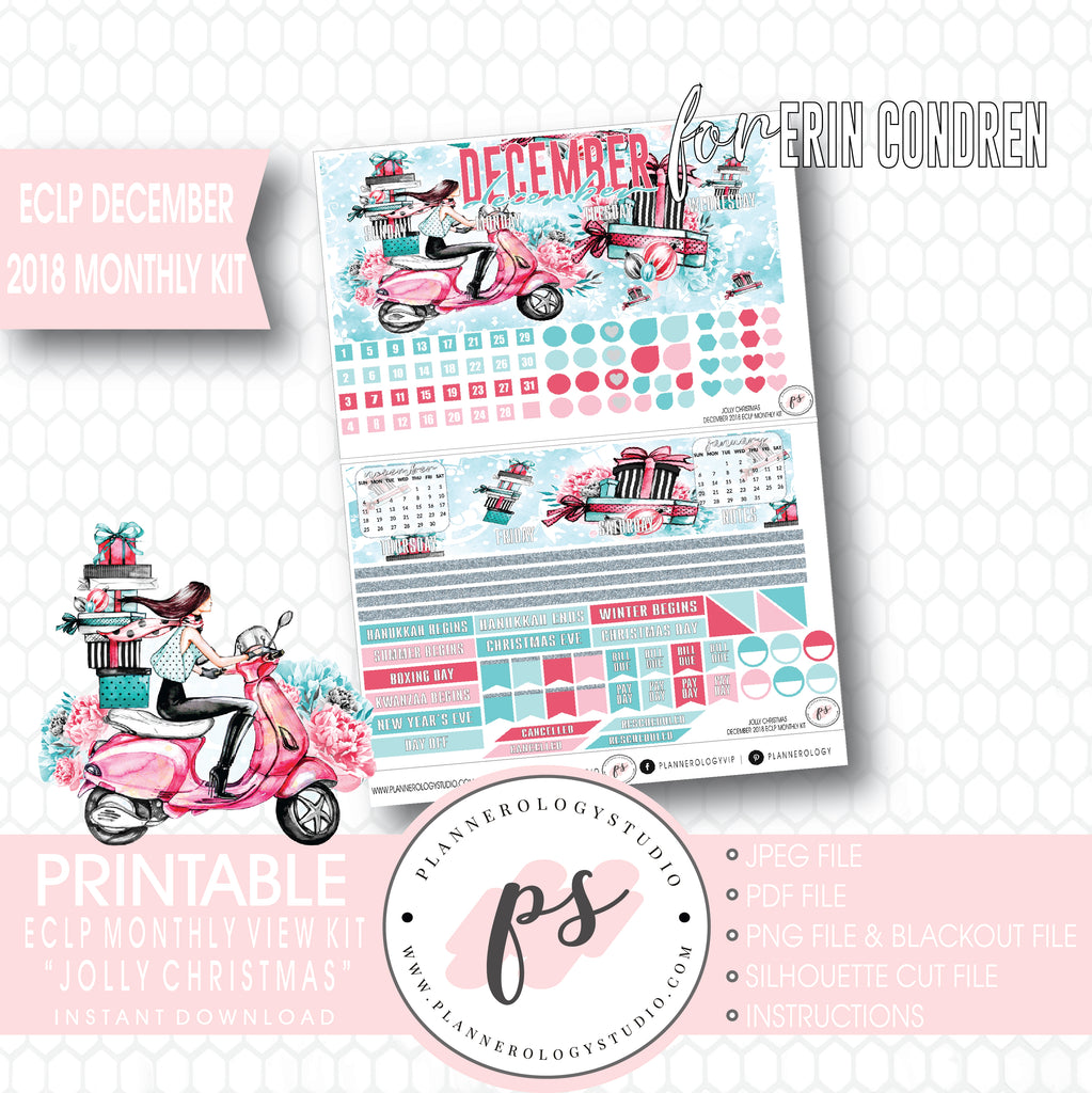 Jolly Christmas December 2018 Monthly View Kit Digital Printable Planner Stickers (for use with Erin Condren) - Plannerologystudio