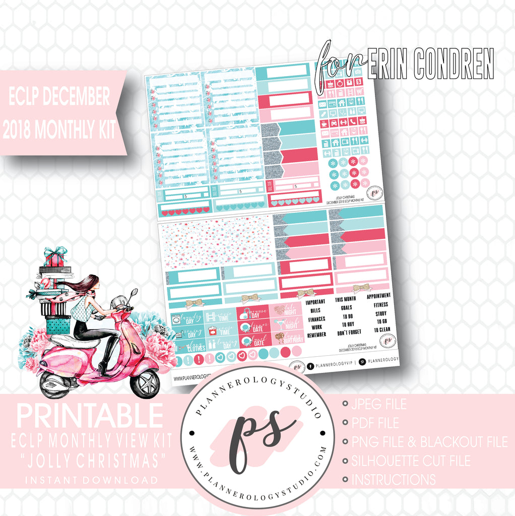 Jolly Christmas December 2018 Monthly View Kit Digital Printable Planner Stickers (for use with Erin Condren) - Plannerologystudio