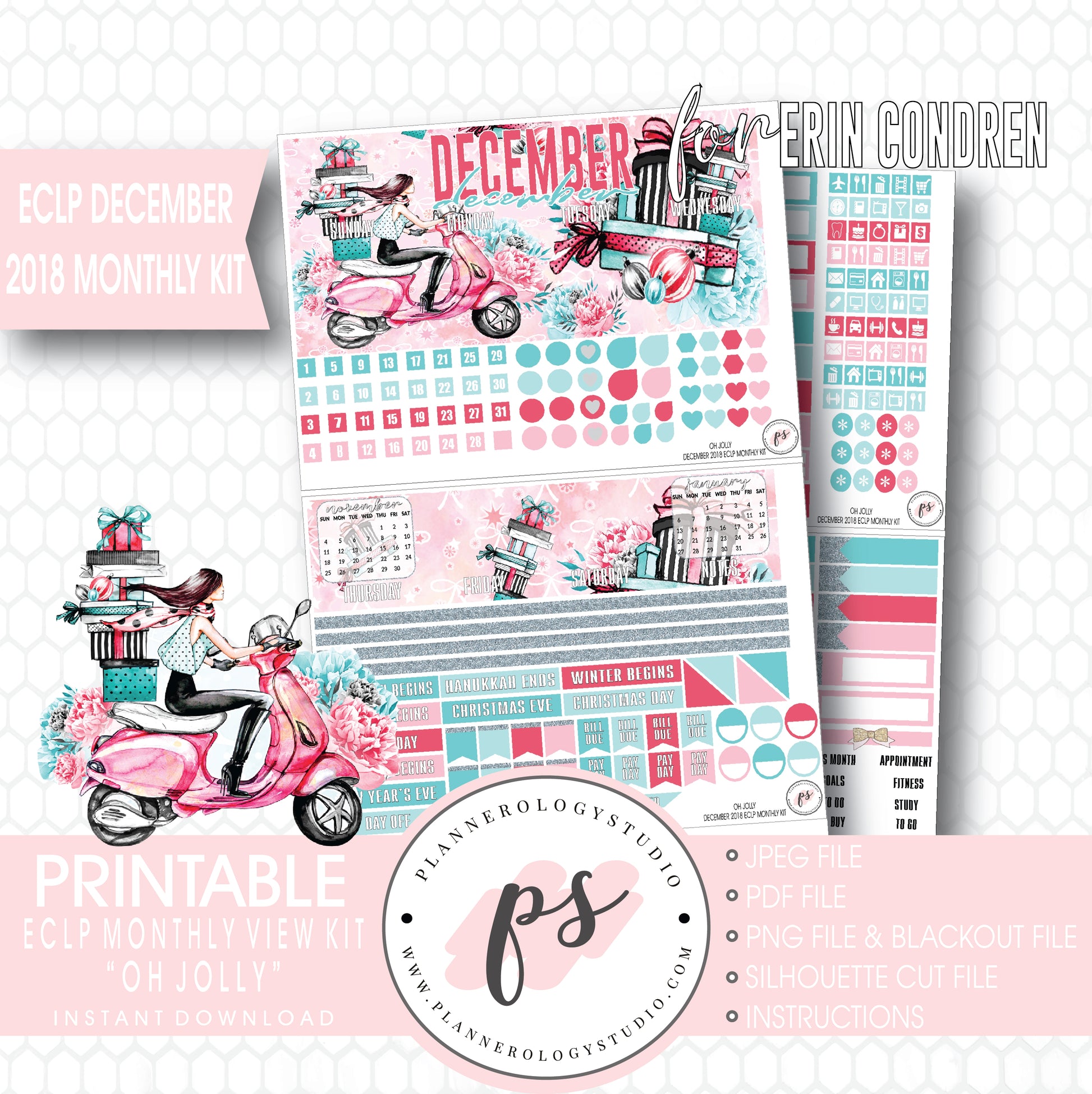 Oh Jolly Christmas December 2018 Monthly View Kit Digital Printable Planner Stickers (for use with Erin Condren) - Plannerologystudio