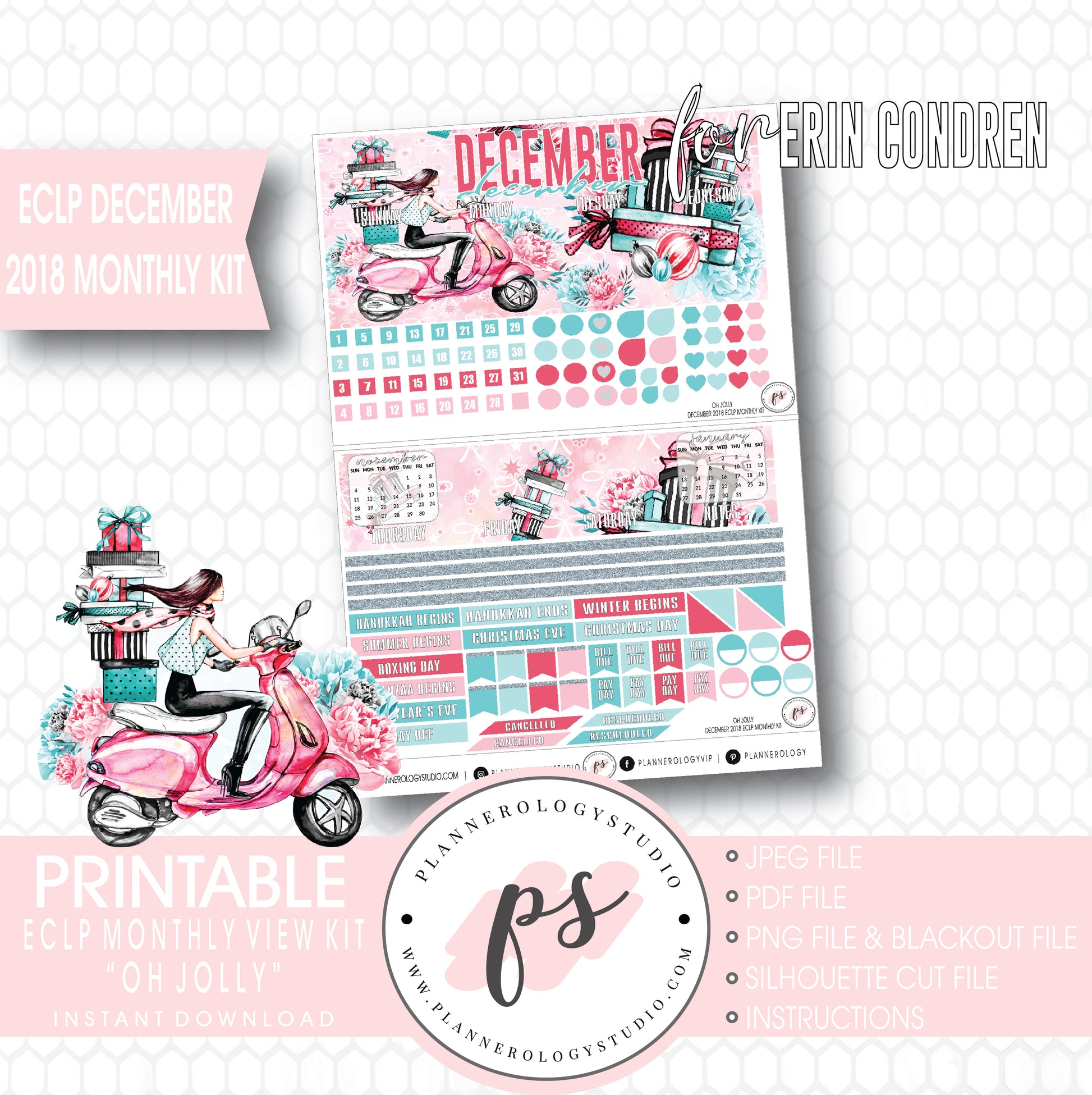 Oh Jolly Christmas December 2018 Monthly View Kit Digital Printable Planner Stickers (for use with Erin Condren) - Plannerologystudio