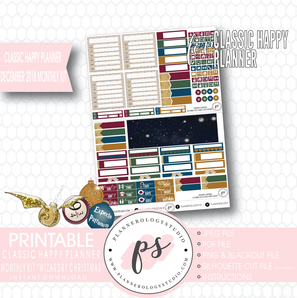 Wizardry Christmas (Harry Potter) Christmas December 2018 Monthly View Kit Digital Printable Planner Stickers (for use with Classic Happy Planner) - Plannerologystudio