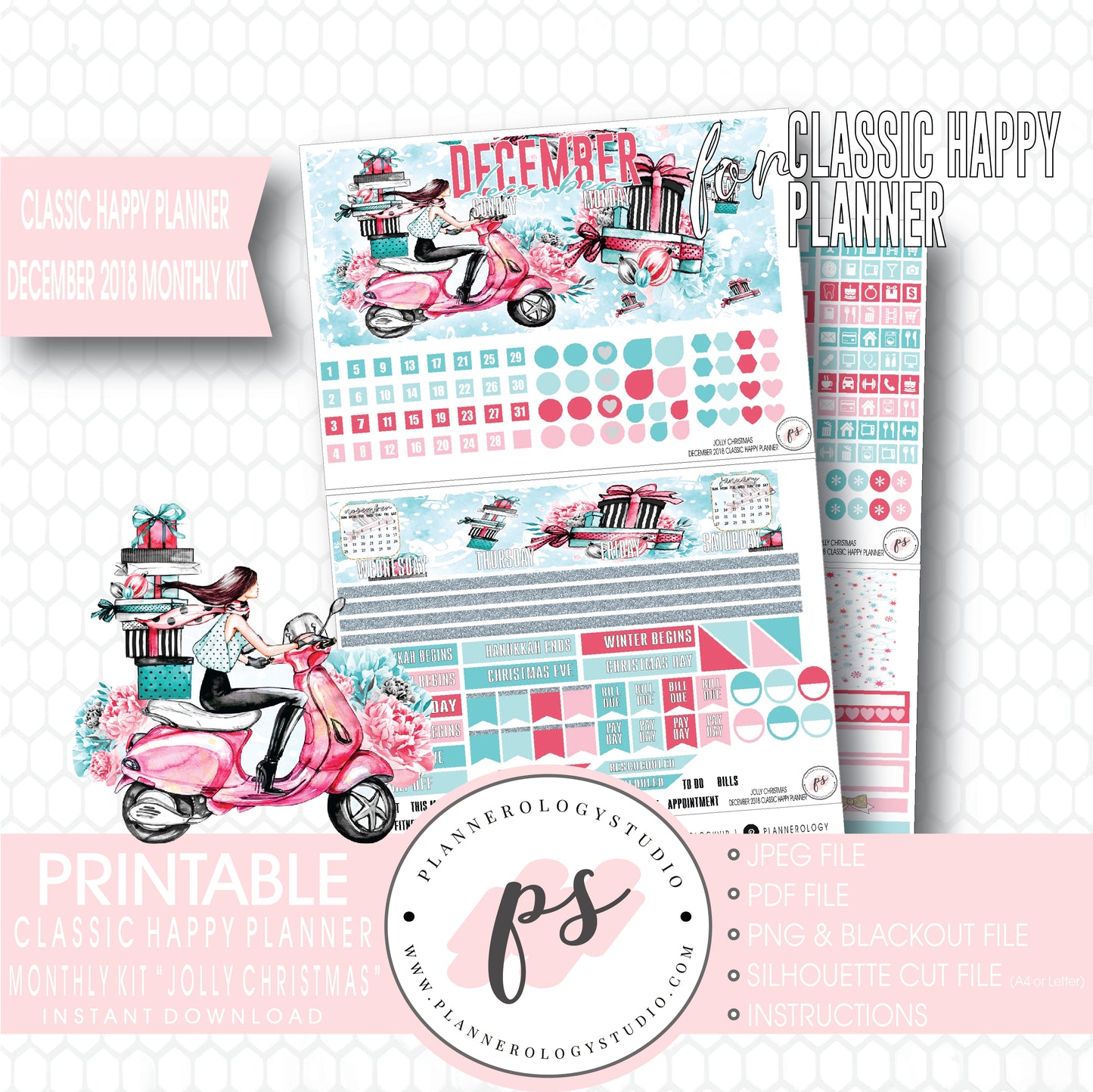 Jolly Christmas December 2018 Monthly View Kit Digital Printable Planner Stickers (for use with Classic Happy Planner) - Plannerologystudio