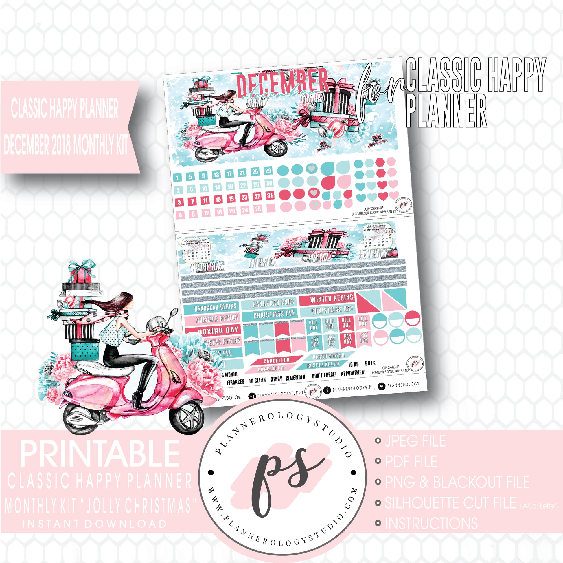 Jolly Christmas December 2018 Monthly View Kit Digital Printable Planner Stickers (for use with Classic Happy Planner) - Plannerologystudio