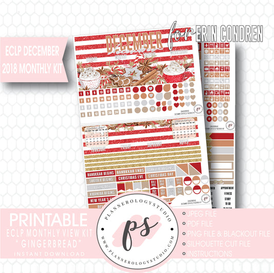 Gingerbread Christmas December 2018 Monthly View Kit Digital Printable Planner Stickers (for use with Erin Condren) - Plannerologystudio