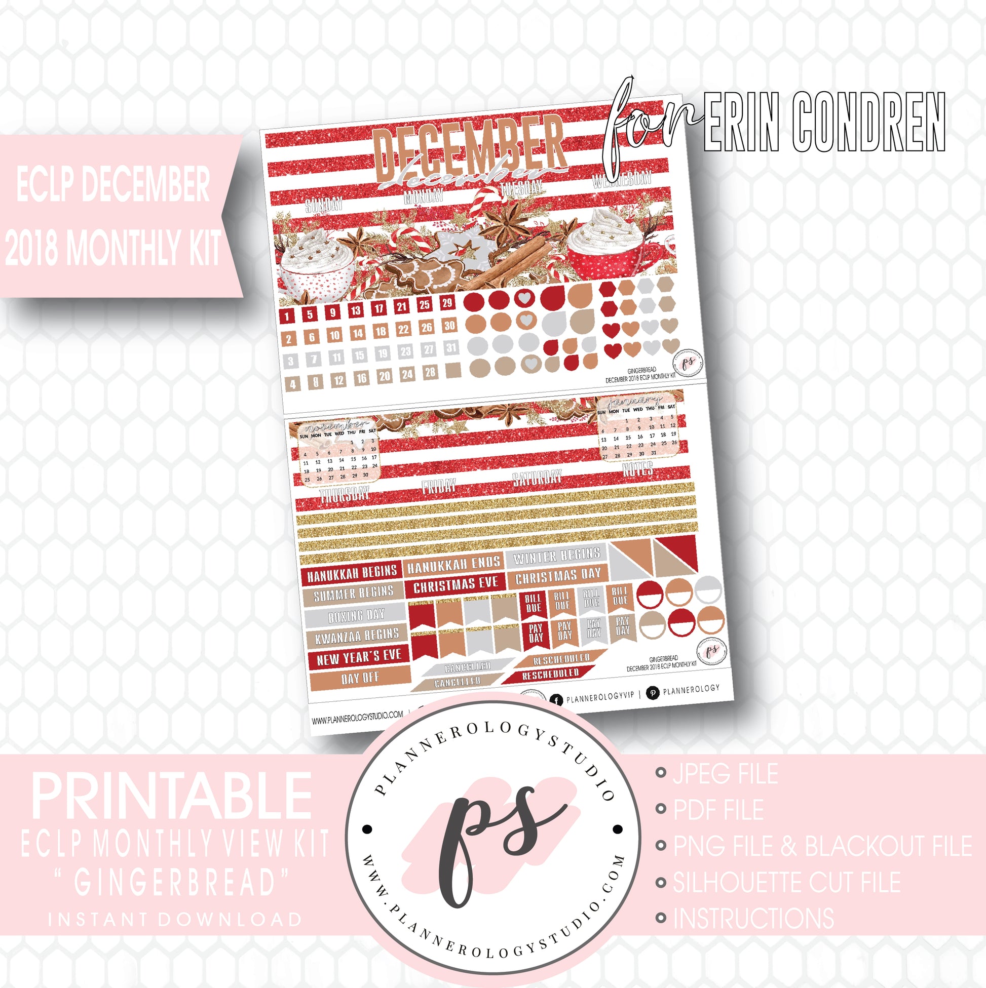 Gingerbread Christmas December 2018 Monthly View Kit Digital Printable Planner Stickers (for use with Erin Condren) - Plannerologystudio