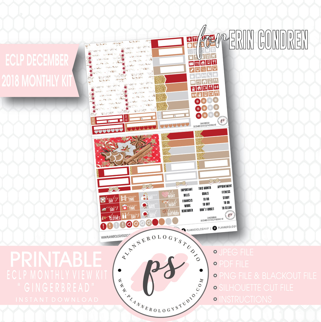 Gingerbread Christmas December 2018 Monthly View Kit Digital Printable Planner Stickers (for use with Erin Condren) - Plannerologystudio