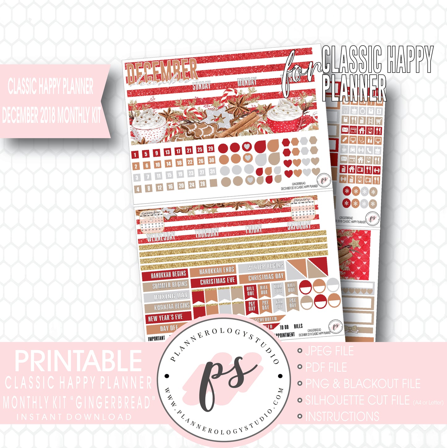 Gingerbread Christmas December 2018 Monthly View Kit Digital Printable Planner Stickers (for use with Classic Happy Planner) - Plannerologystudio