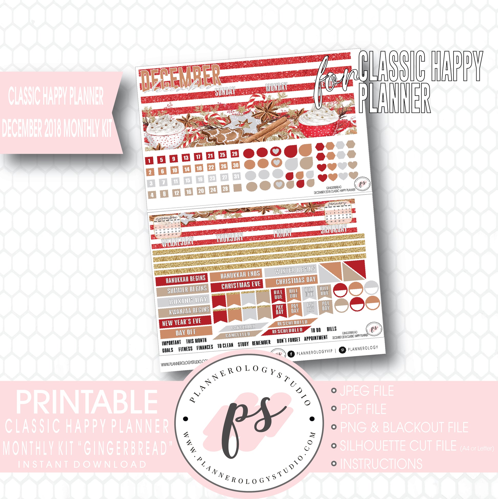 Gingerbread Christmas December 2018 Monthly View Kit Digital Printable Planner Stickers (for use with Classic Happy Planner) - Plannerologystudio