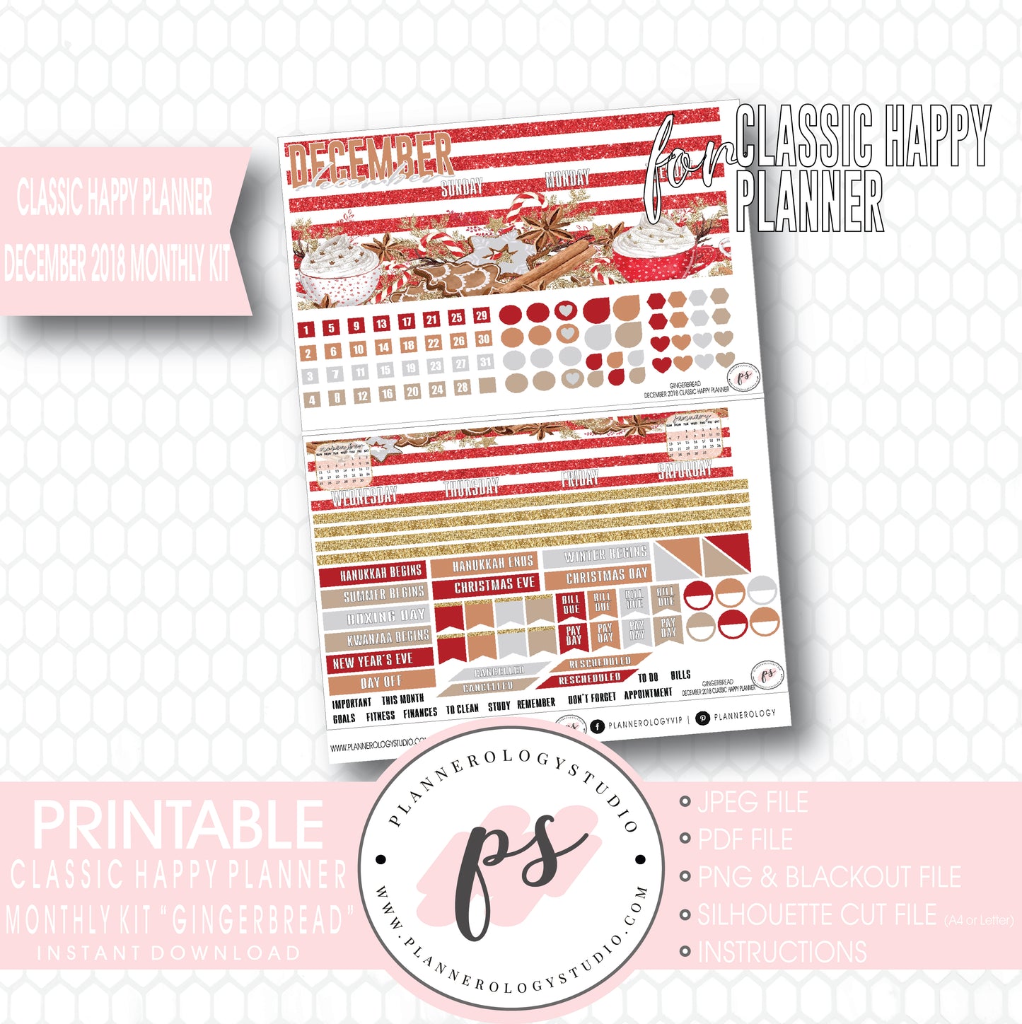 Gingerbread Christmas December 2018 Monthly View Kit Digital Printable Planner Stickers (for use with Classic Happy Planner) - Plannerologystudio