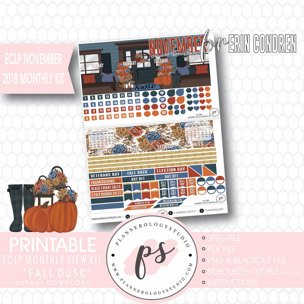 Fall Dusk November 2018 Monthly View Kit Digital Printable Planner Stickers (for use with Erin Condren) - Plannerologystudio
