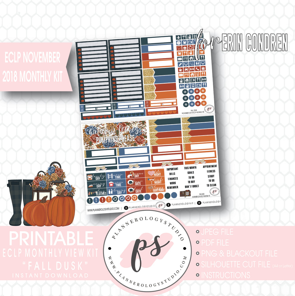 Fall Dusk November 2018 Monthly View Kit Digital Printable Planner Stickers (for use with Erin Condren) - Plannerologystudio