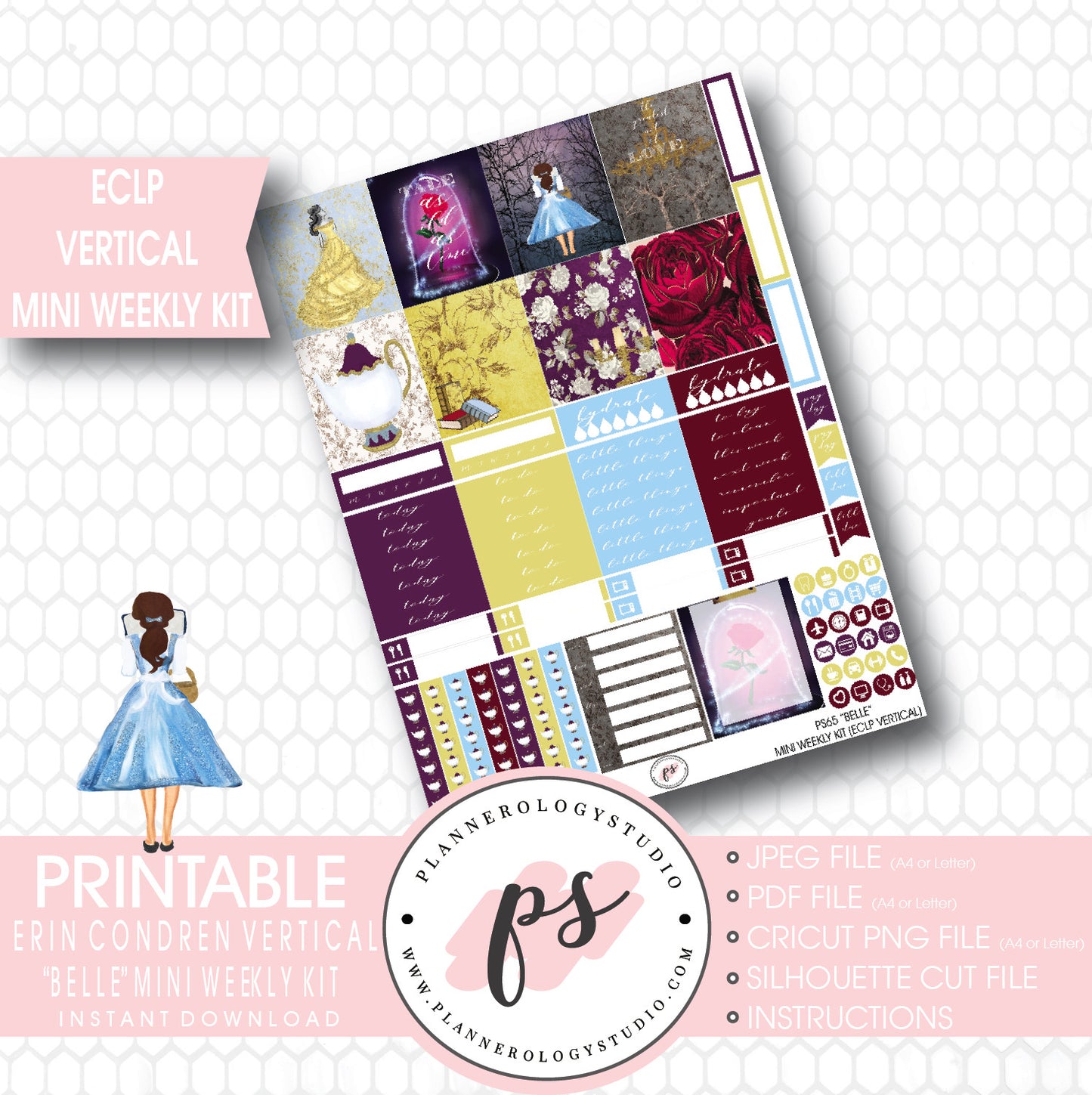 Belle (Beauty & The Beast) Mini Weekly Kit Printable Planner Stickers (for use with ECLP Vertical) - Plannerologystudio