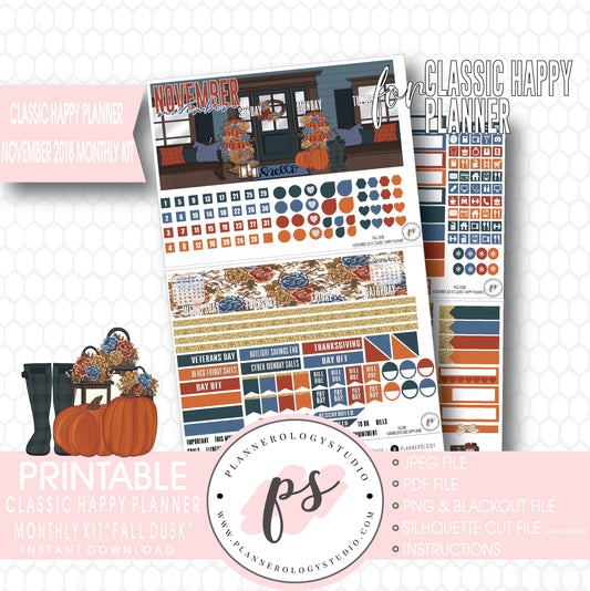 Fall Dusk November 2018 Monthly View Kit Digital Printable Planner Stickers (for use with Classic Happy Planner) - Plannerologystudio