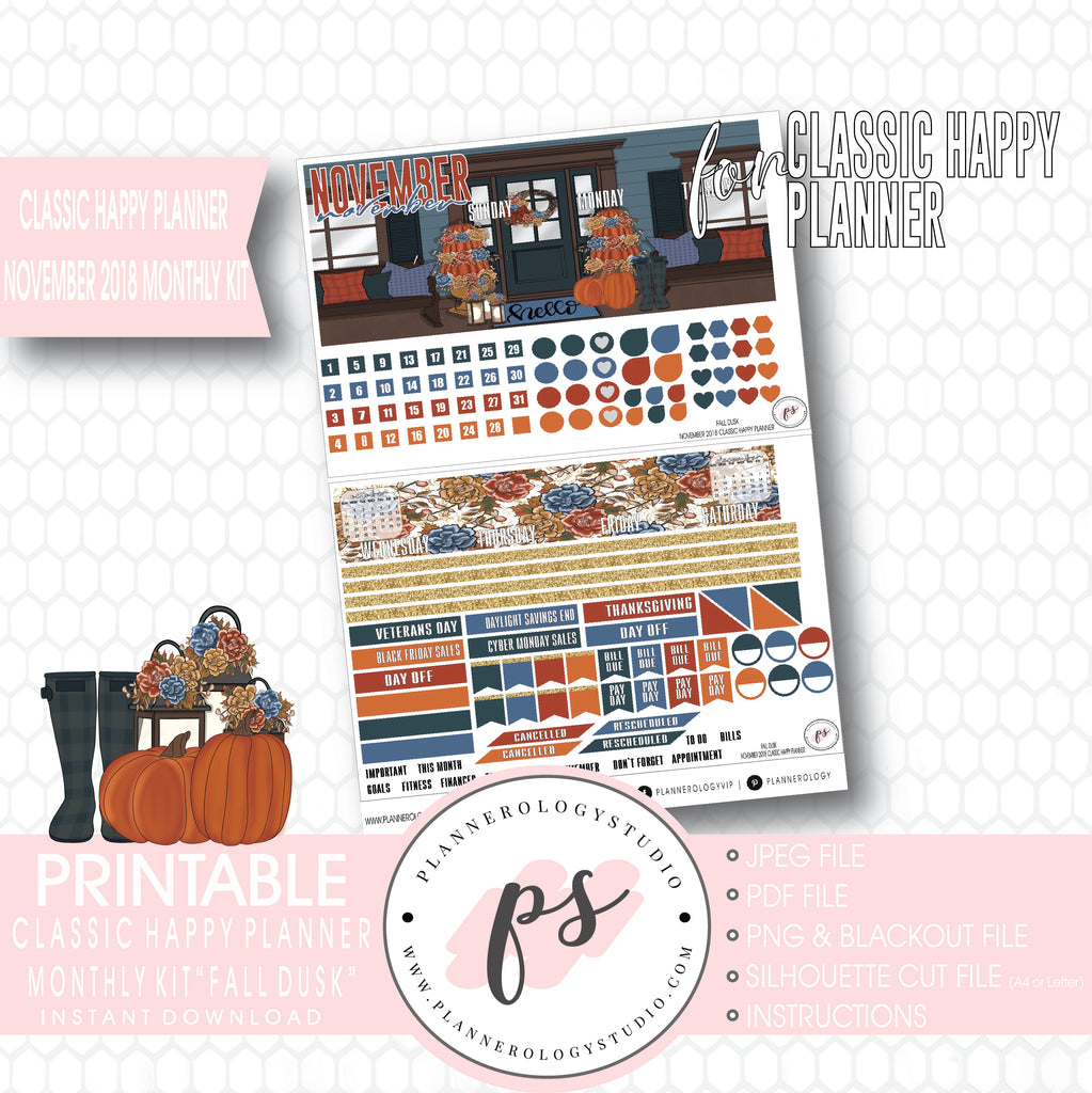 Fall Dusk November 2018 Monthly View Kit Digital Printable Planner Stickers (for use with Classic Happy Planner) - Plannerologystudio