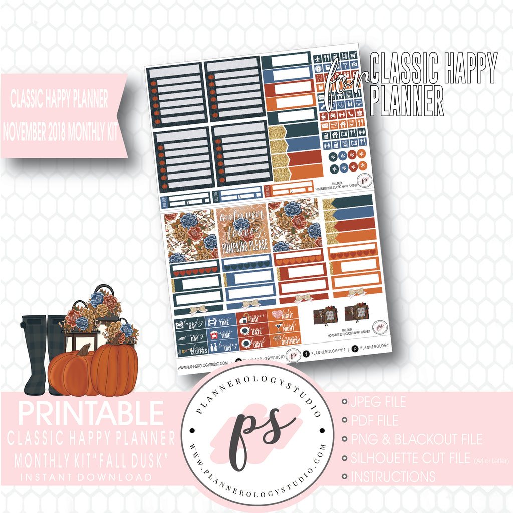 Fall Dusk November 2018 Monthly View Kit Digital Printable Planner Stickers (for use with Classic Happy Planner) - Plannerologystudio