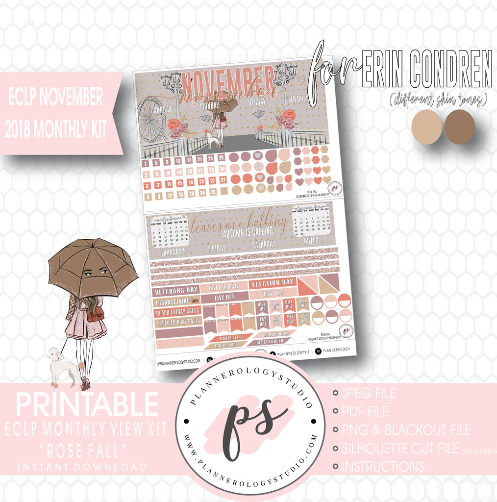 Rose Fall November 2018 Monthly View Kit Digital Printable Planner Stickers (for use with Erin Condren) - Plannerologystudio