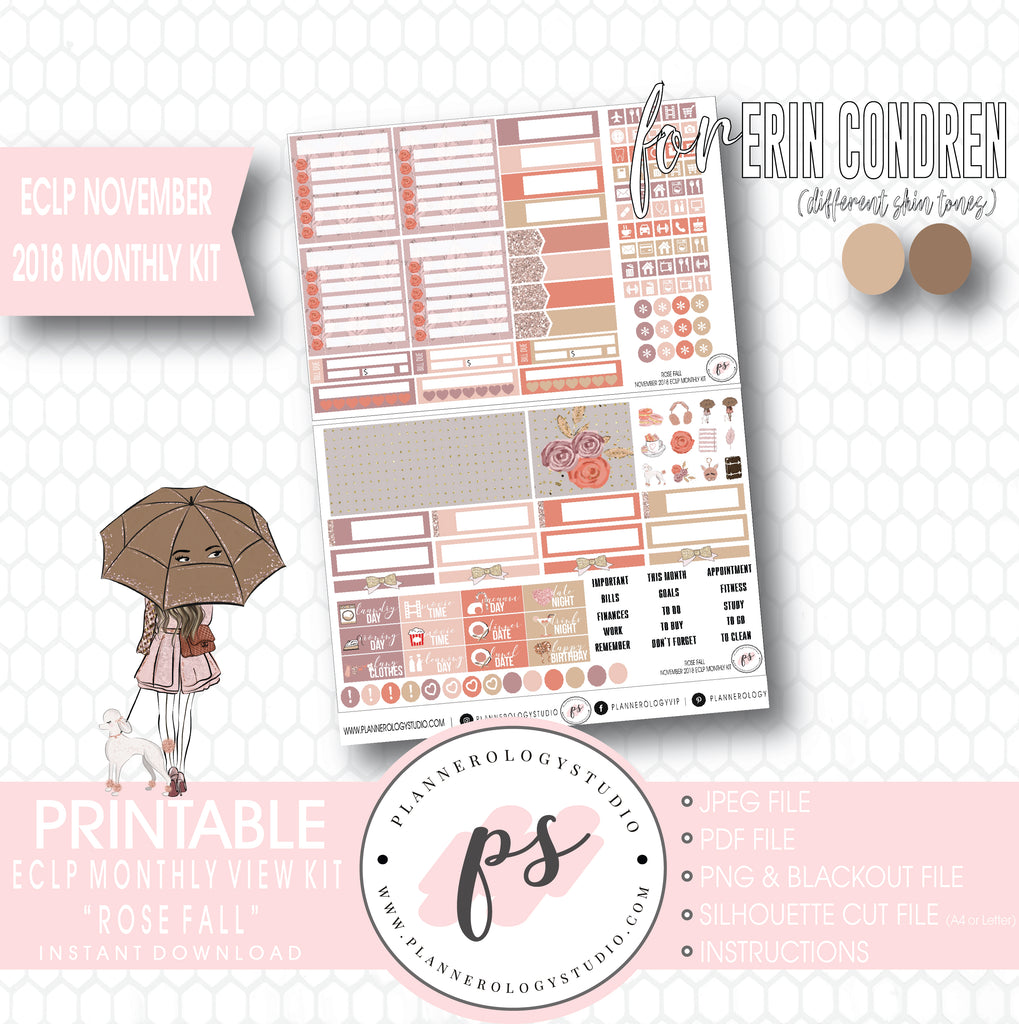 Rose Fall November 2018 Monthly View Kit Digital Printable Planner Stickers (for use with Erin Condren) - Plannerologystudio