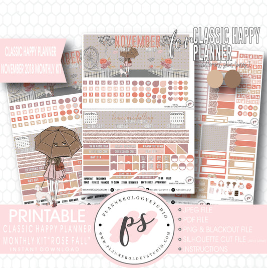 Rose Fall November 2018 Monthly View Kit Digital Printable Planner Stickers (for use with Classic Happy Planner) - Plannerologystudio
