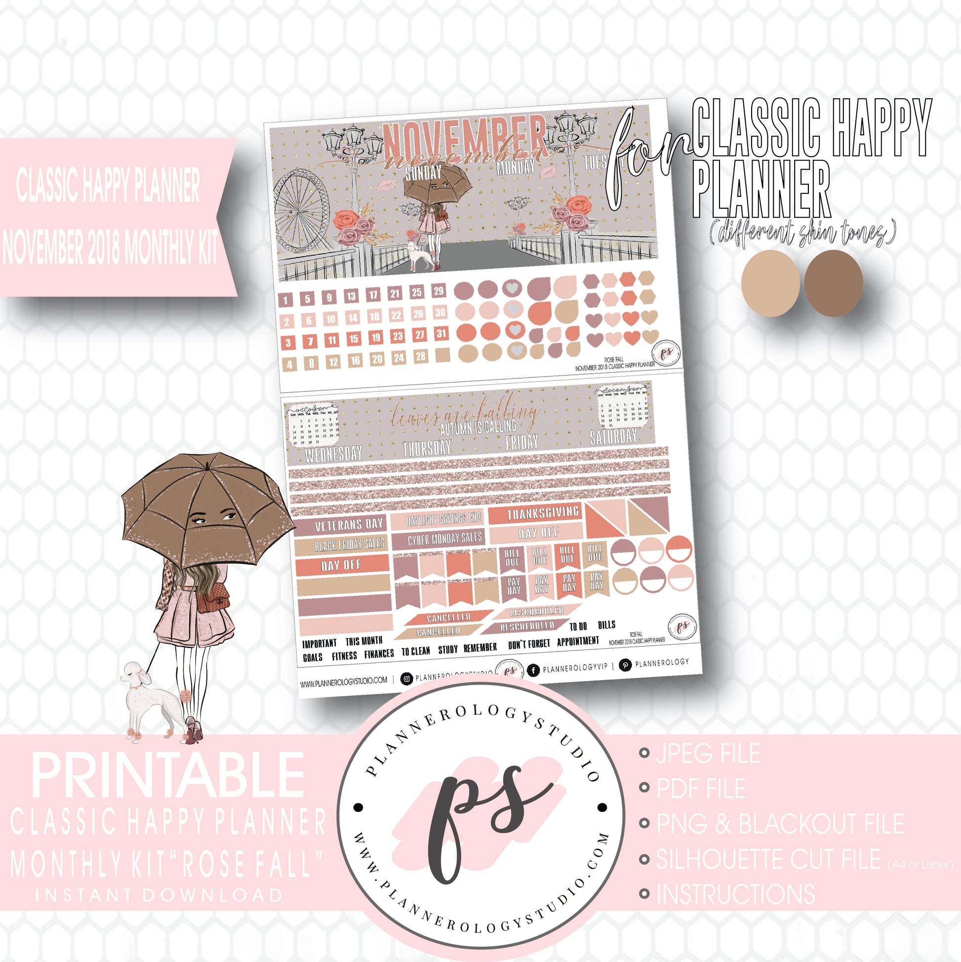 Rose Fall November 2018 Monthly View Kit Digital Printable Planner Stickers (for use with Classic Happy Planner) - Plannerologystudio