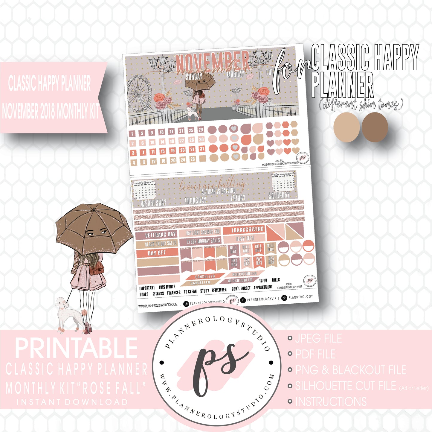 Rose Fall November 2018 Monthly View Kit Digital Printable Planner Stickers (for use with Classic Happy Planner) - Plannerologystudio