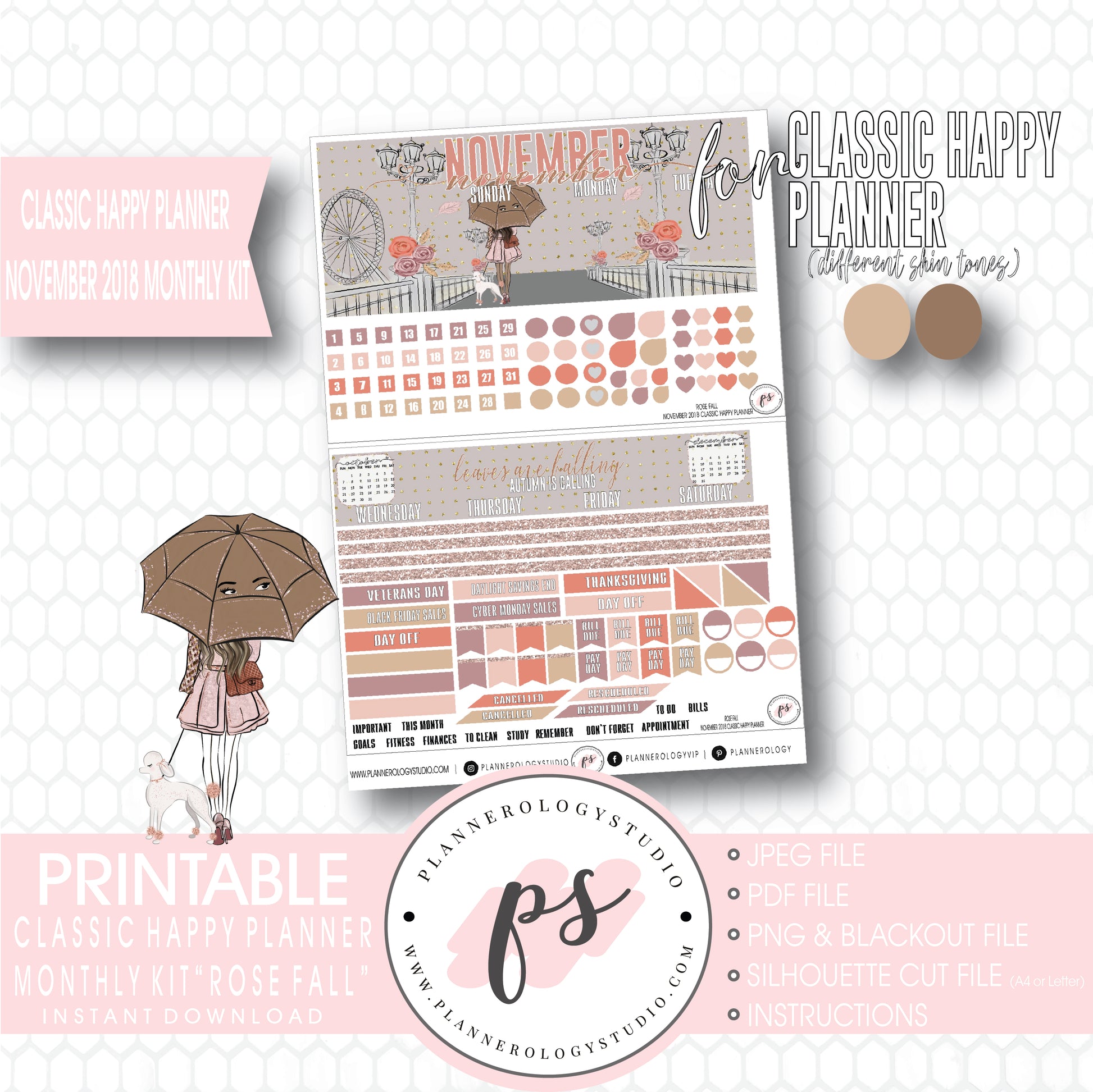 Rose Fall November 2018 Monthly View Kit Digital Printable Planner Stickers (for use with Classic Happy Planner) - Plannerologystudio