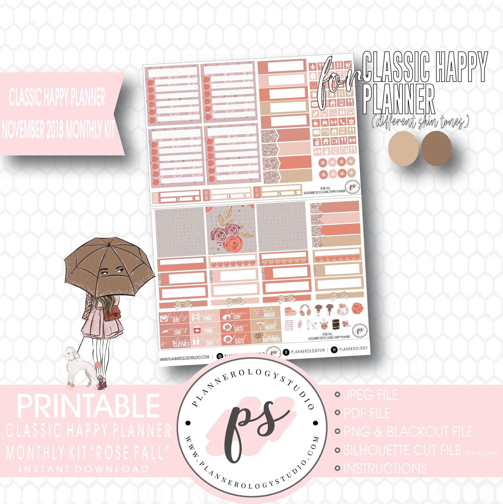 Rose Fall November 2018 Monthly View Kit Digital Printable Planner Stickers (for use with Classic Happy Planner) - Plannerologystudio