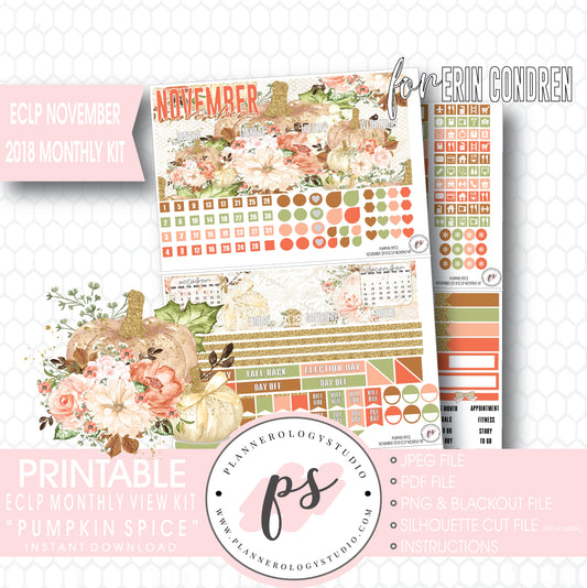 Pumpkin Spice November 2018 Monthly View Kit Digital Printable Planner Stickers (for use with Erin Condren) - Plannerologystudio