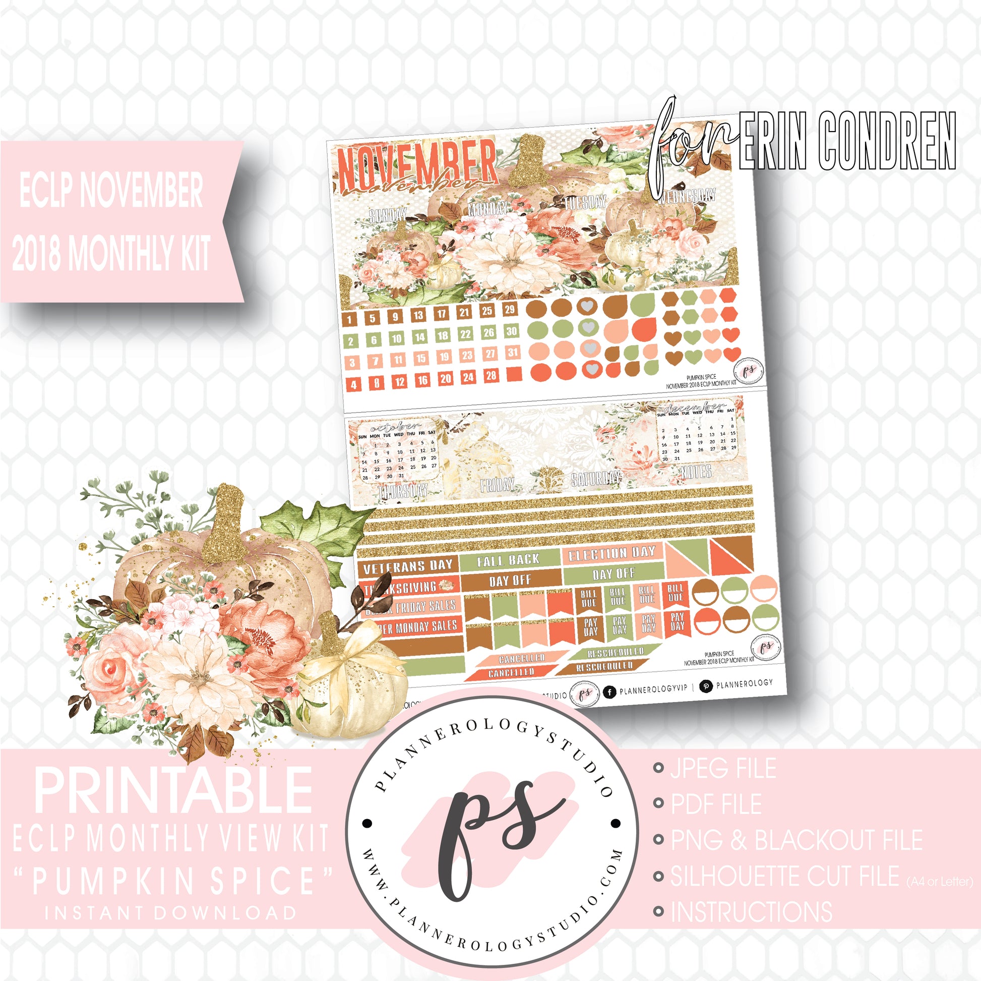 Pumpkin Spice November 2018 Monthly View Kit Digital Printable Planner Stickers (for use with Erin Condren) - Plannerologystudio