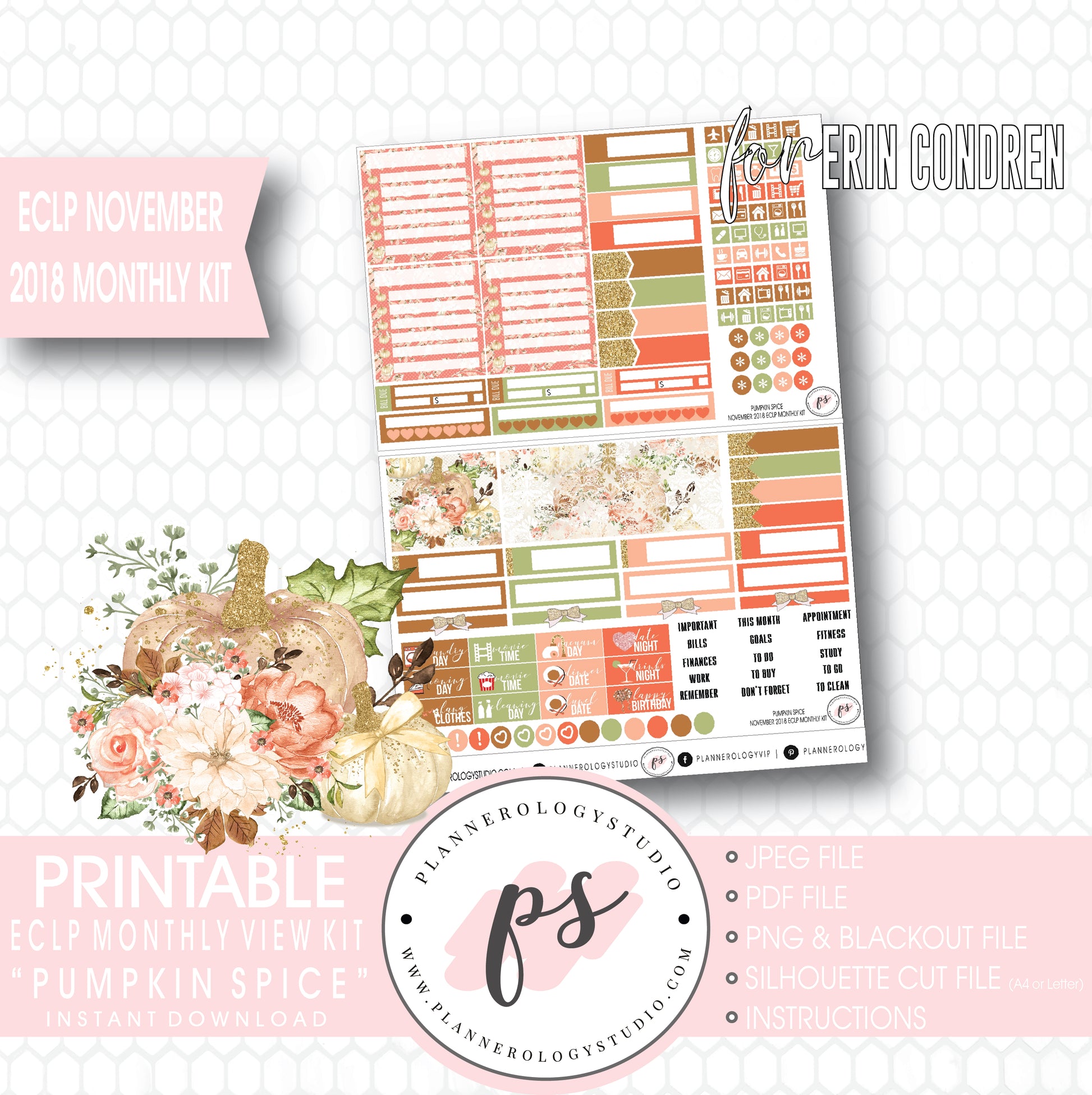 Pumpkin Spice November 2018 Monthly View Kit Digital Printable Planner Stickers (for use with Erin Condren) - Plannerologystudio