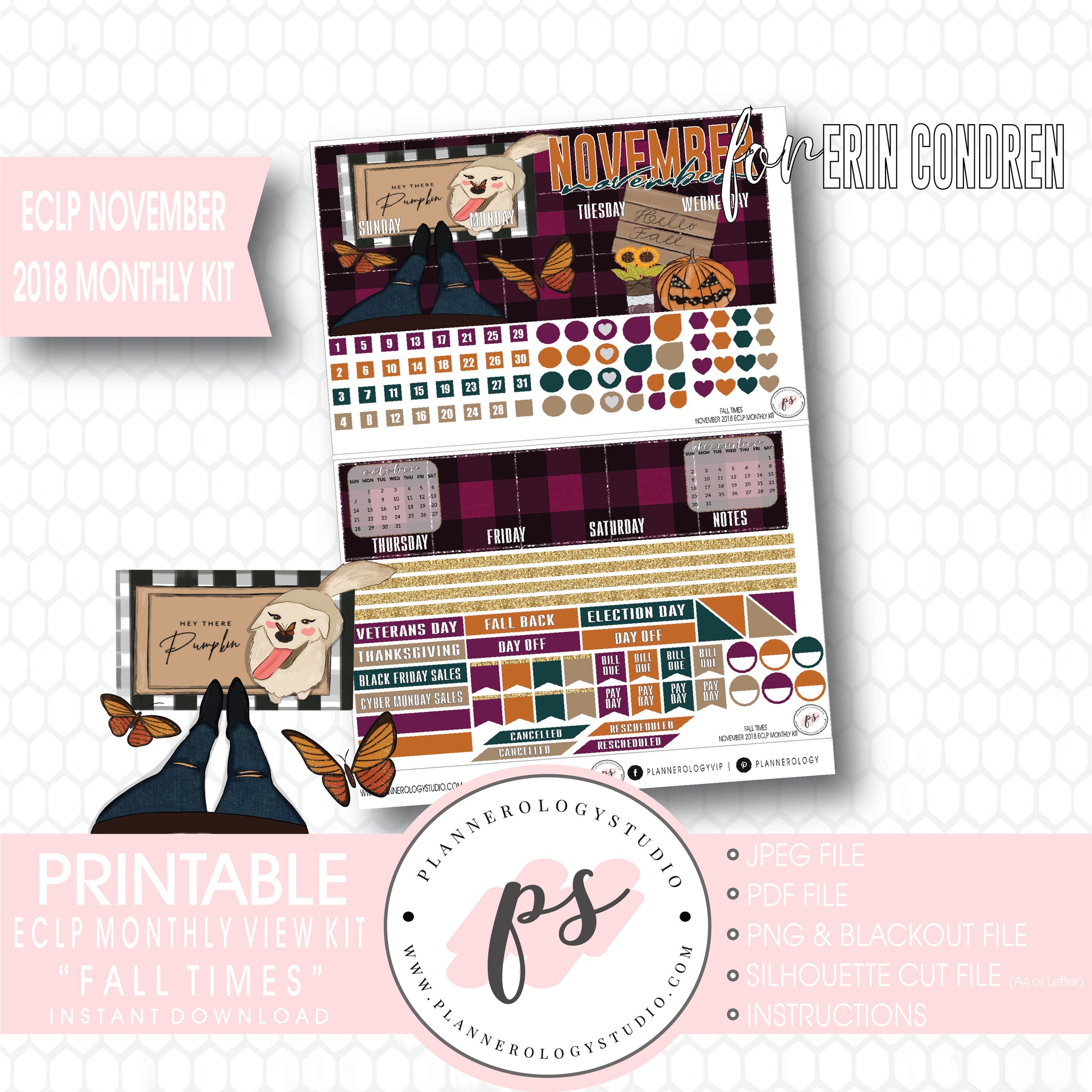 Fall Times November 2018 Monthly View Kit Digital Printable Planner Stickers (for use with Erin Condren) - Plannerologystudio