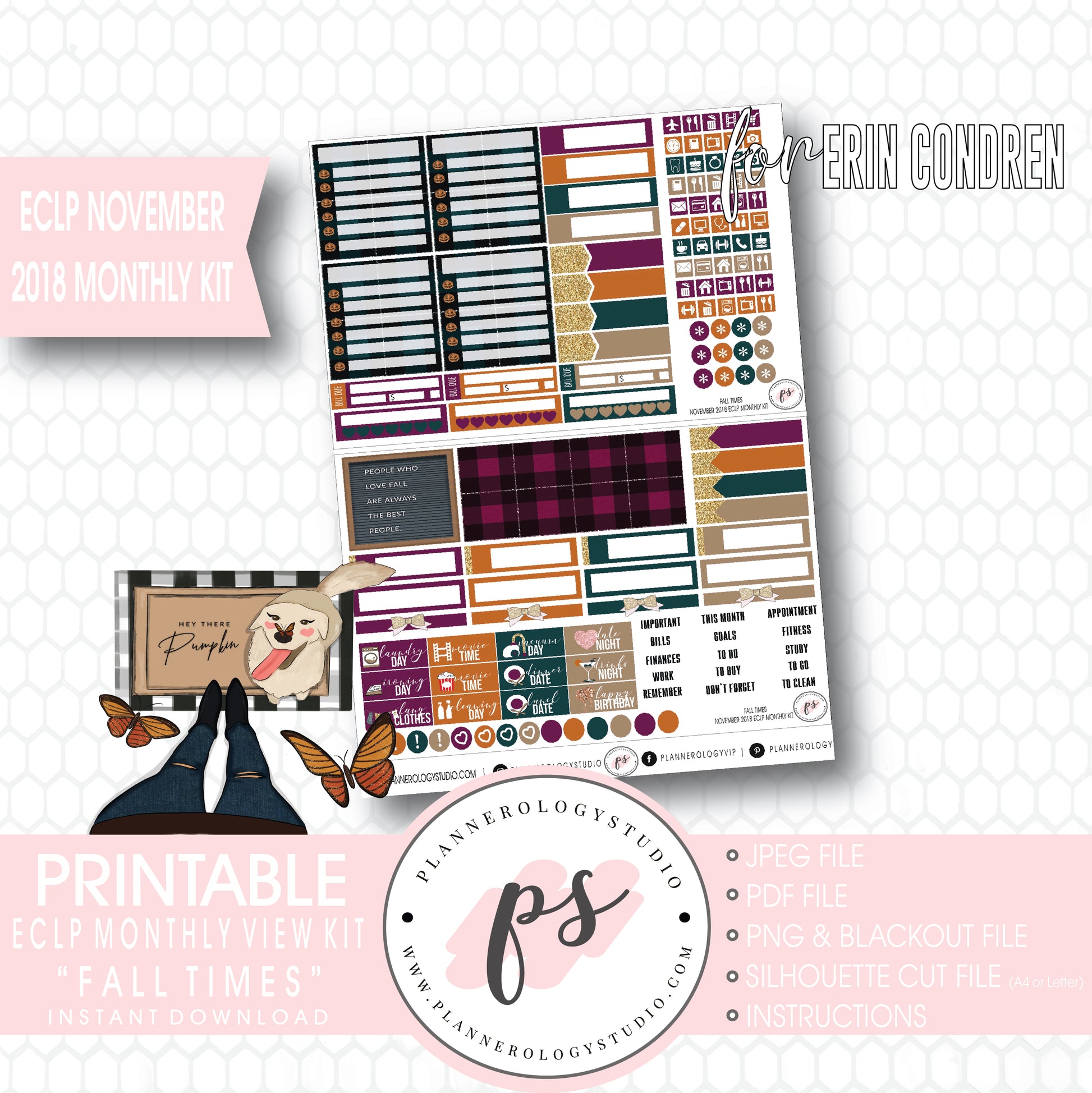 Fall Times November 2018 Monthly View Kit Digital Printable Planner Stickers (for use with Erin Condren) - Plannerologystudio